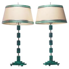 Pair of Malachite Mid-Century Lamps, 20th Century
