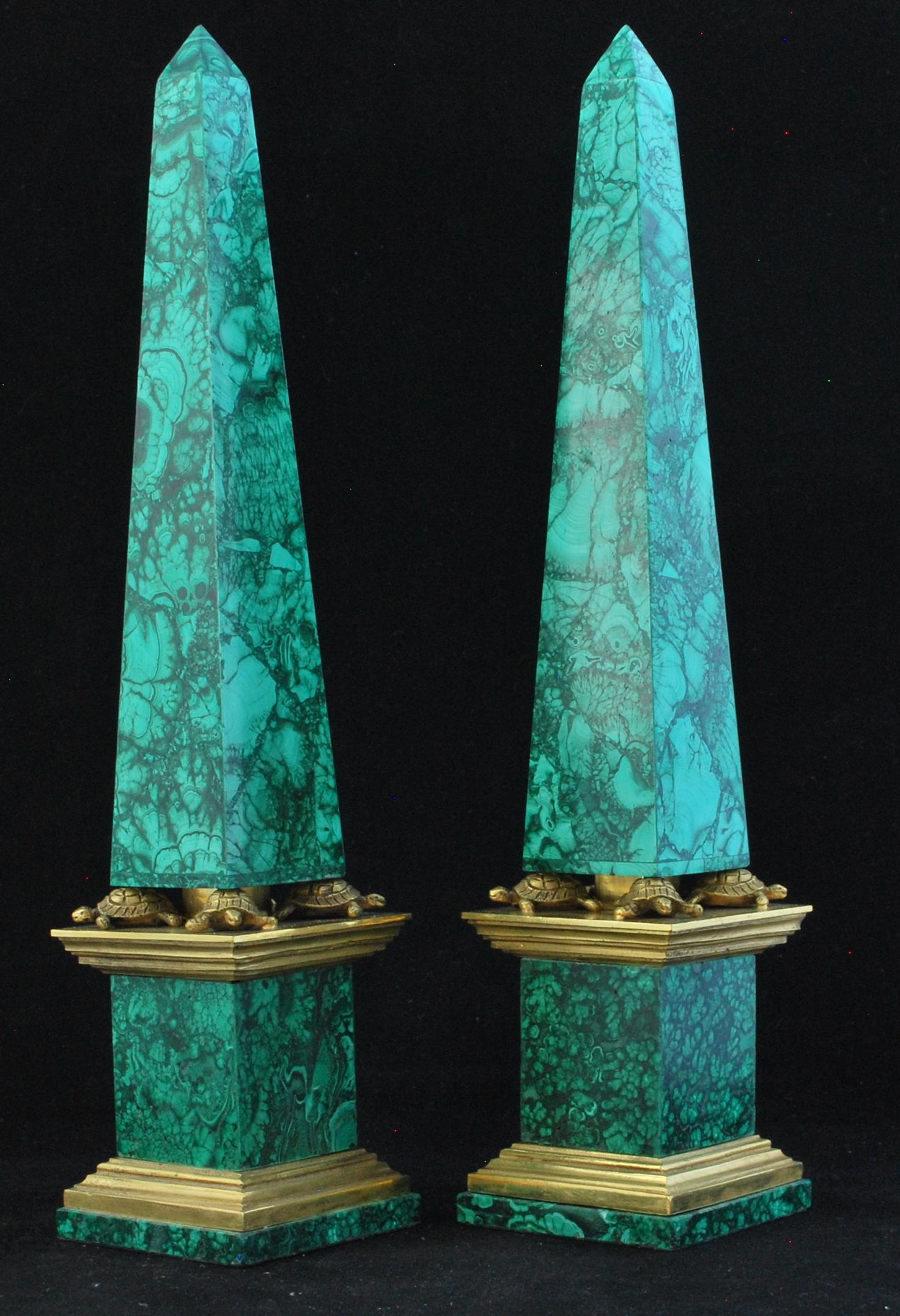 Neoclassical Pair of Malachite Obelisks with Turtle Mounts