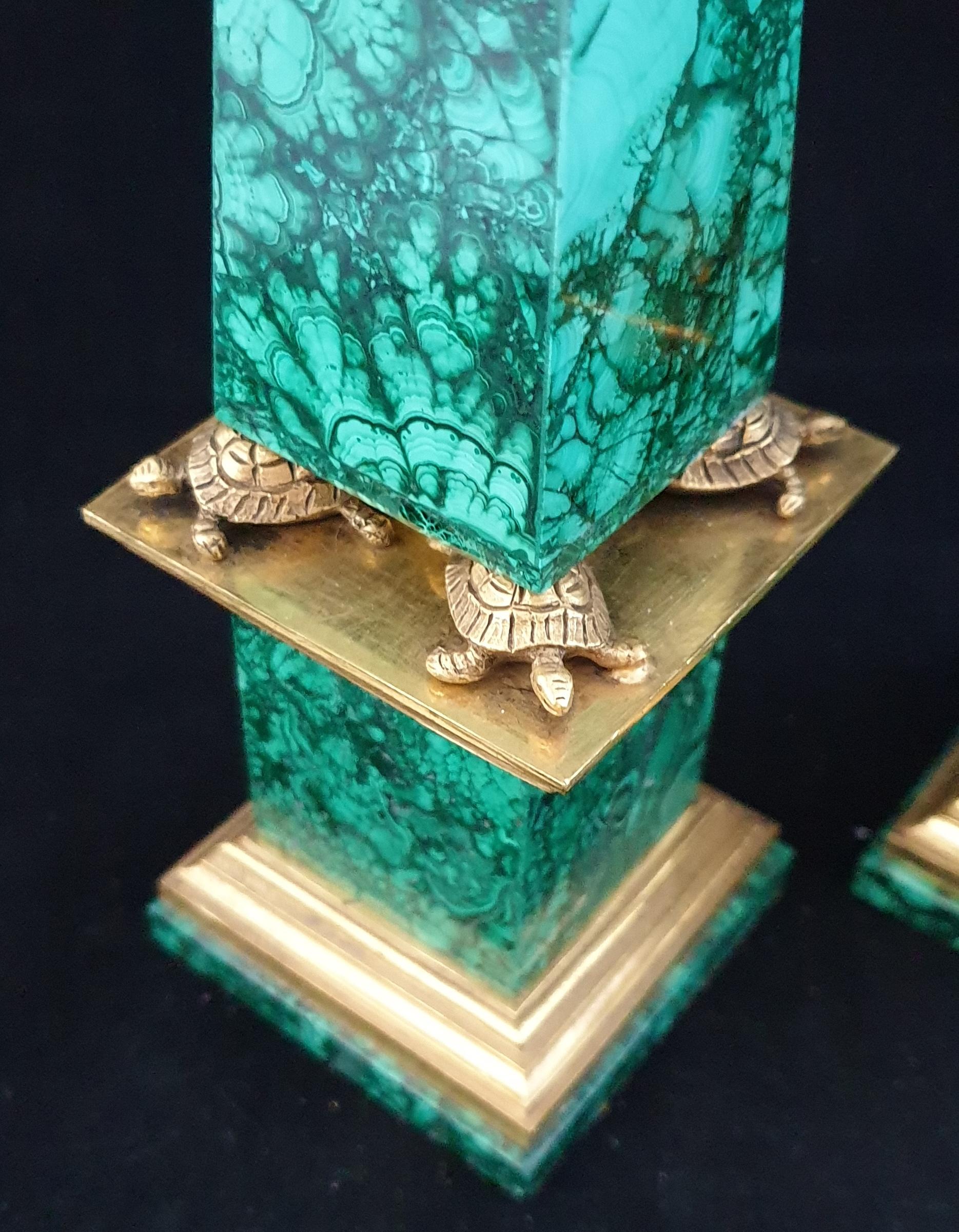 Pair of Malachite Obelisks with Turtle Mounts In Excellent Condition In Melbourne, Victoria