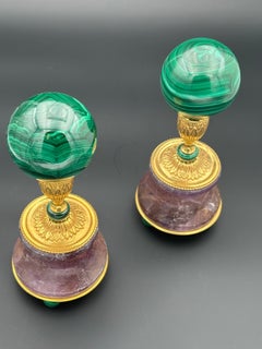 Pair of Malachite Spheres and their Amethyst Supports.