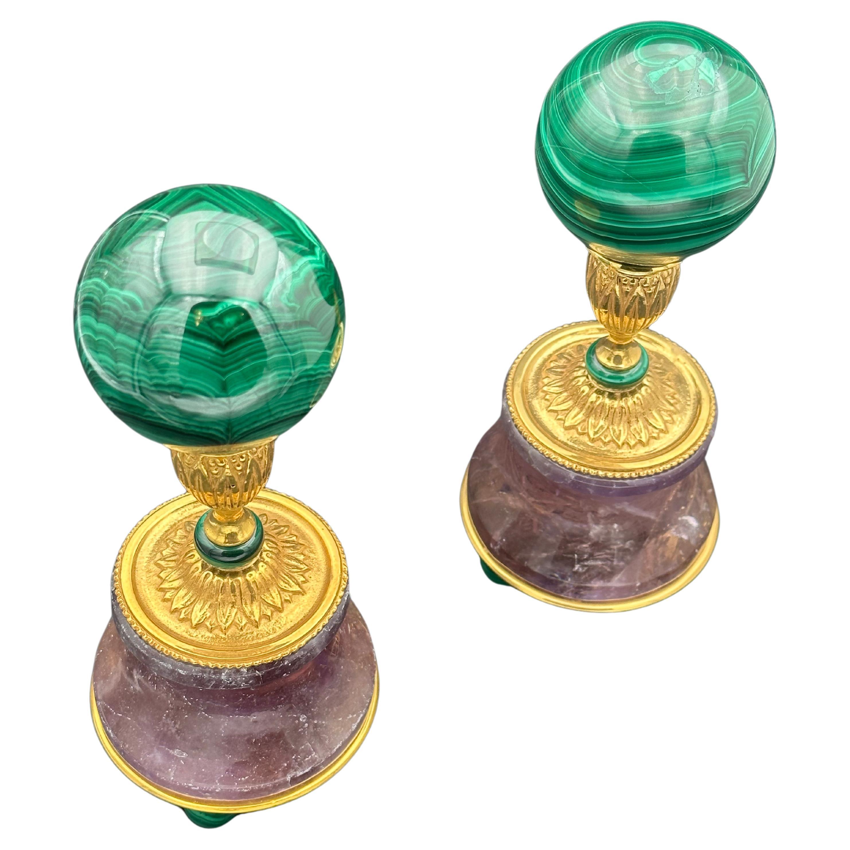 Pair of Malachite Spheres and their Amethyst Supports. For Sale