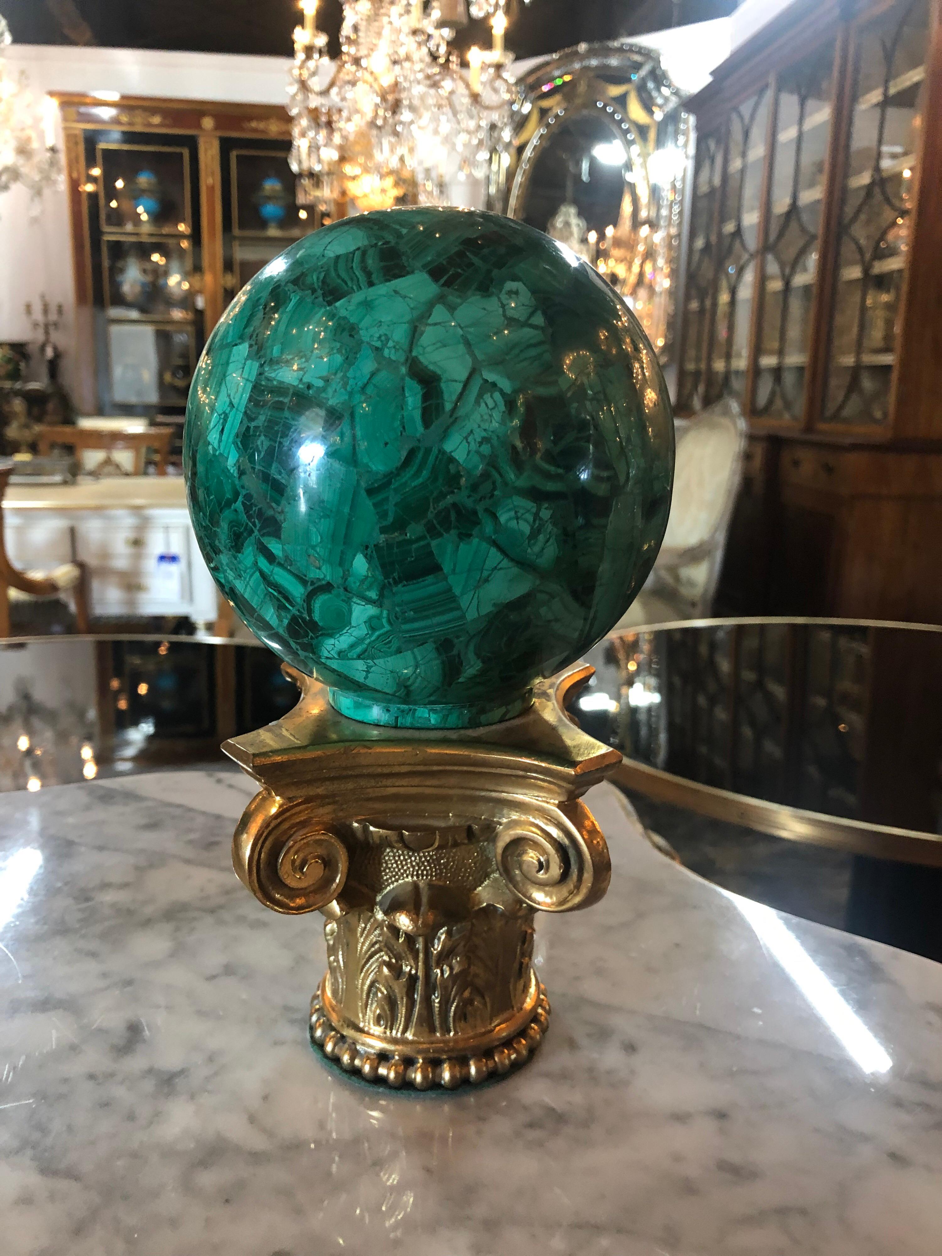 Pair of Malachite Spheres on Bronze Base In Good Condition In Dallas, TX