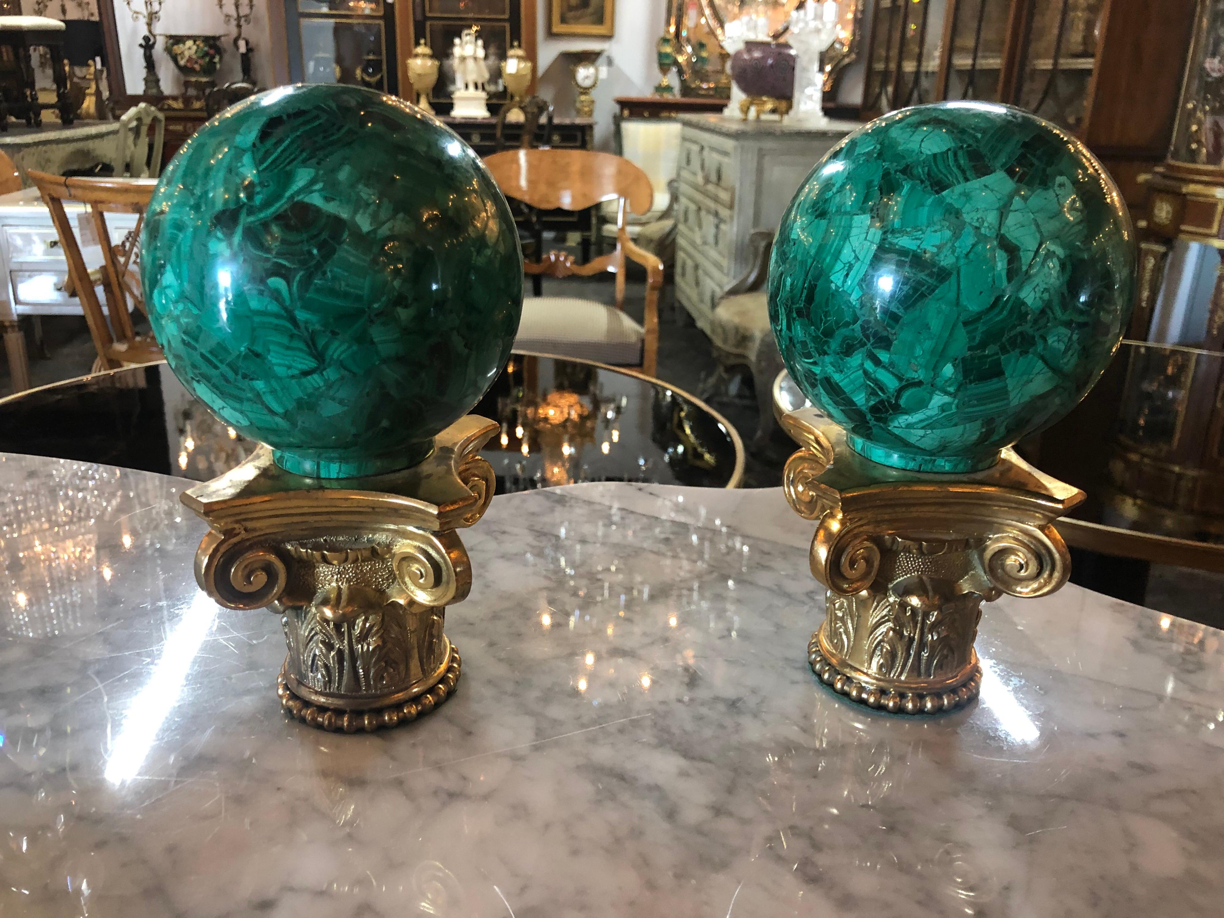 Pair of Malachite Spheres on Bronze Base 1