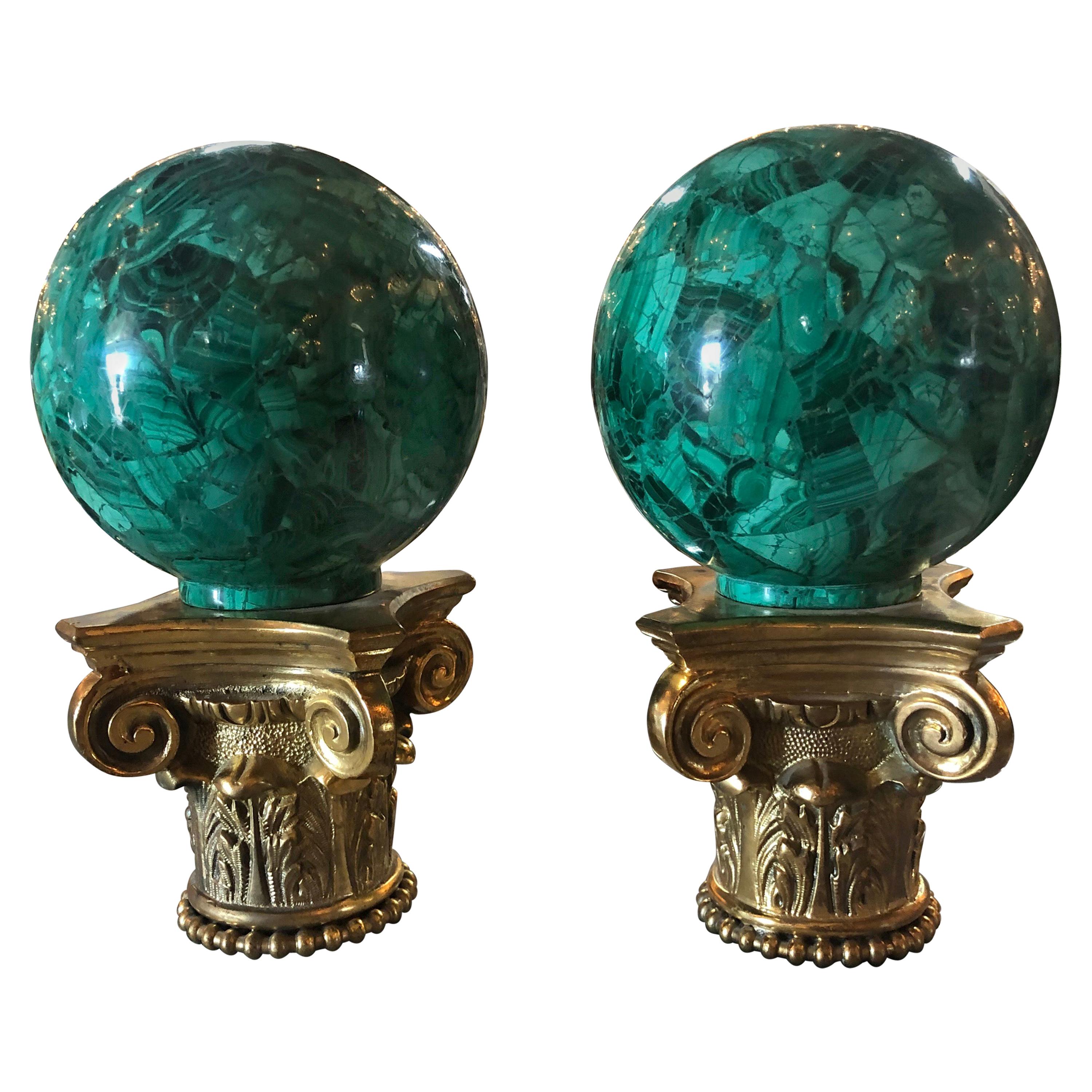 Pair of Malachite Spheres on Bronze Base