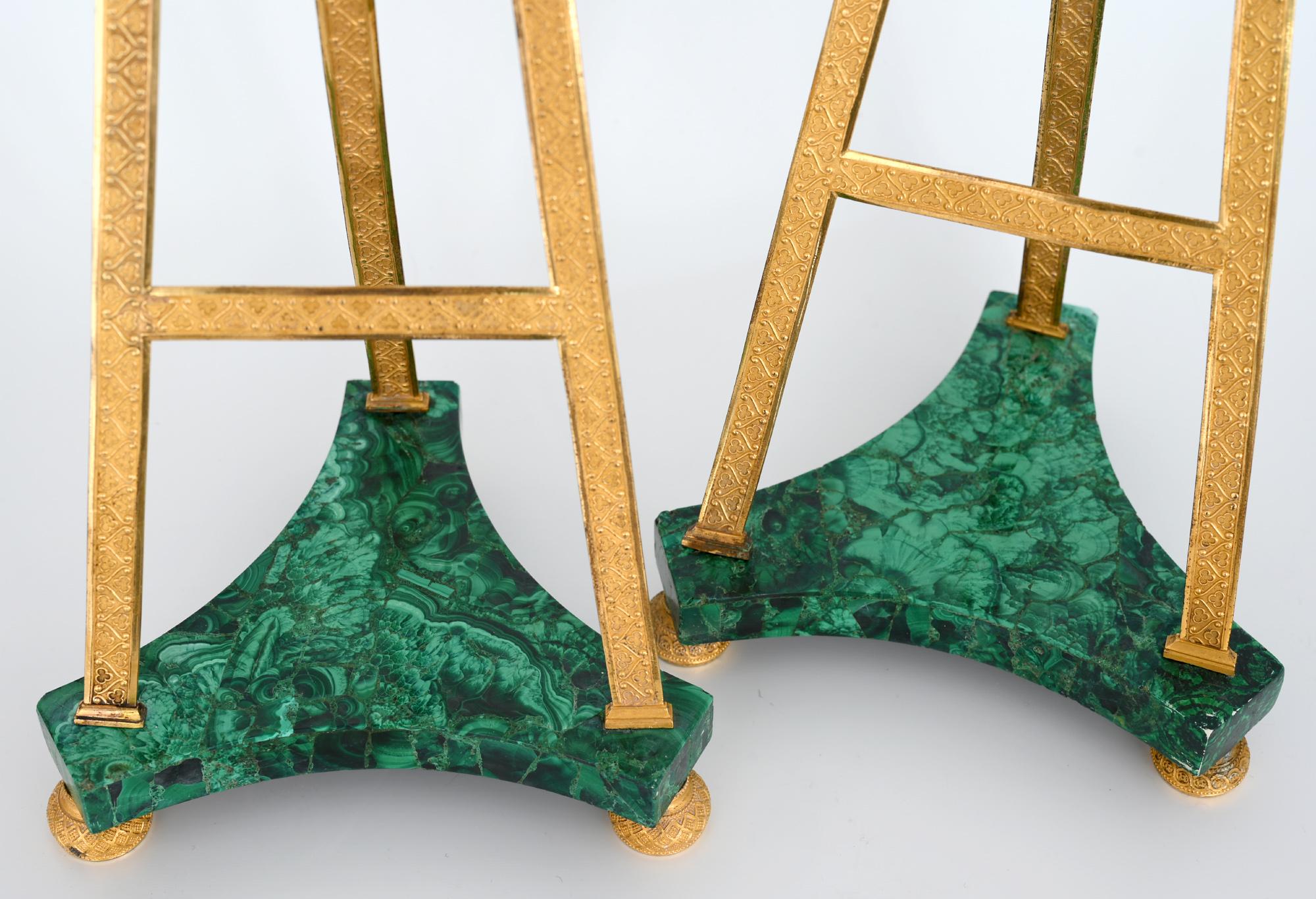 Russian Pair of Malachite Stands, St.Petersburg Early 19th Century, Fire Gilded Bronze 