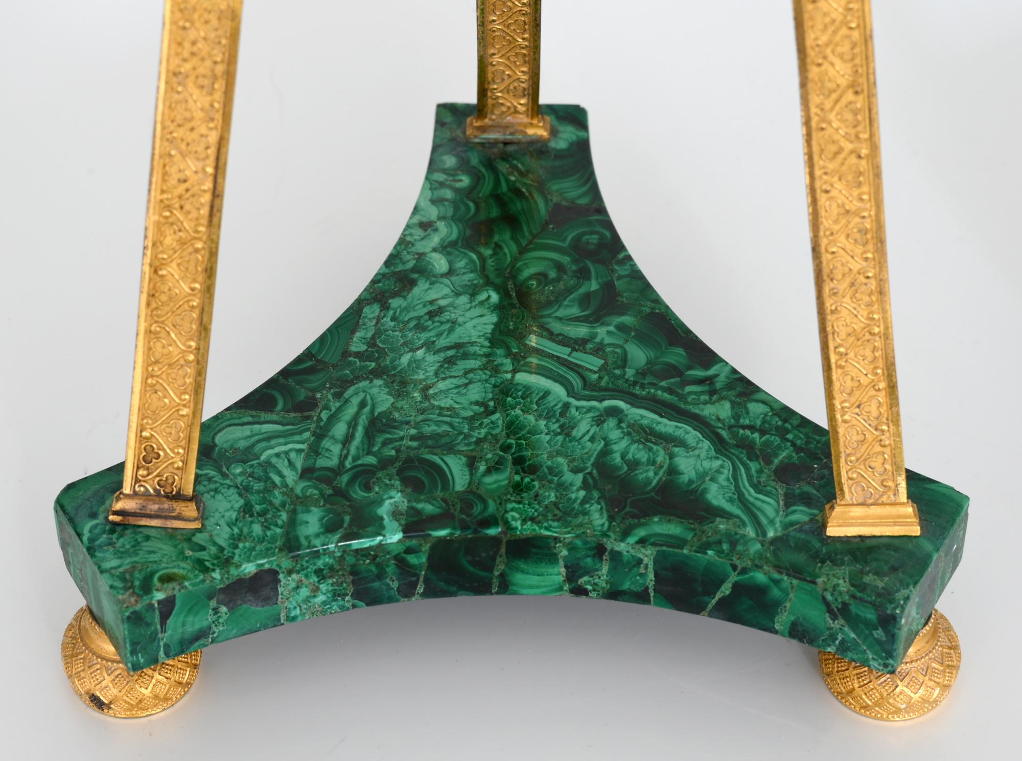 Fired Pair of Malachite Stands, St.Petersburg Early 19th Century, Fire Gilded Bronze 