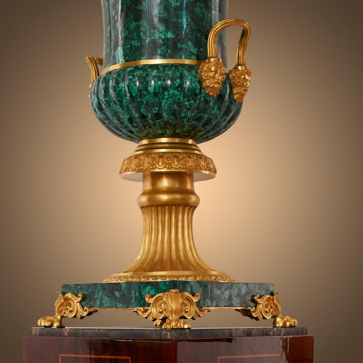 Gold Plate Pair of Malachite Vases