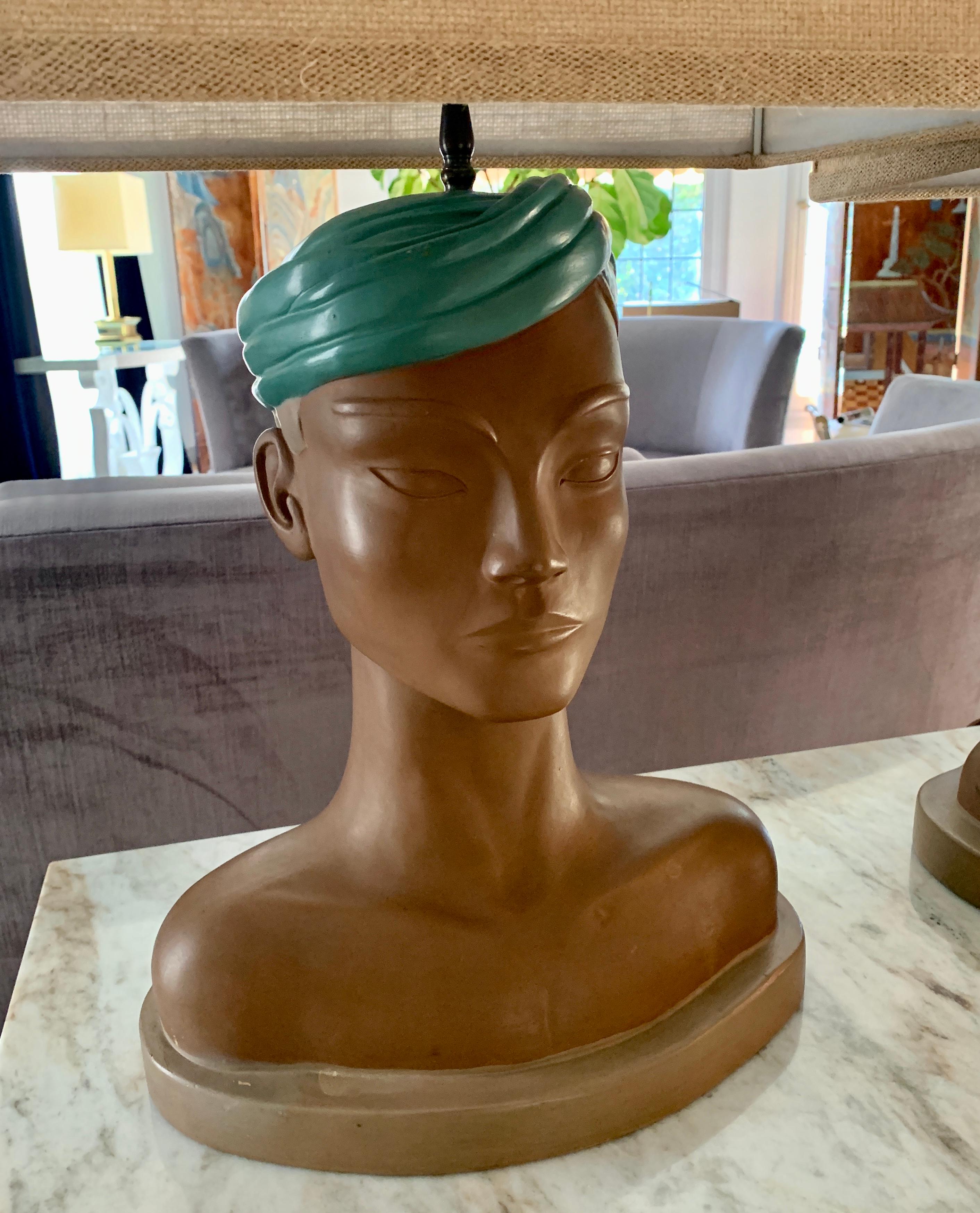 Pair of Male and Female Bust Lamps with Custom Shades For Sale 3