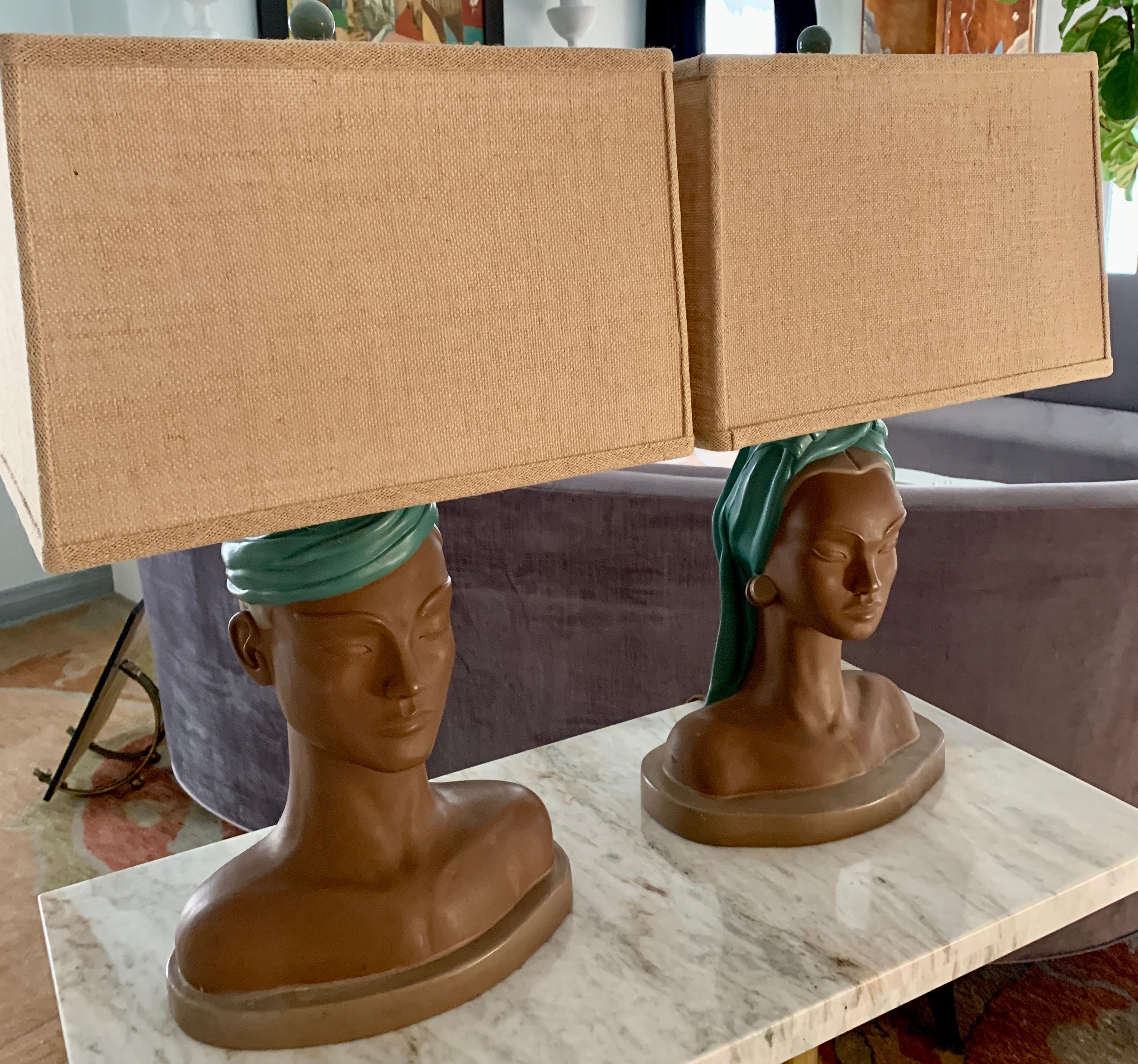 Mid-Century Modern Pair of Male and Female Bust Lamps with Custom Shades For Sale