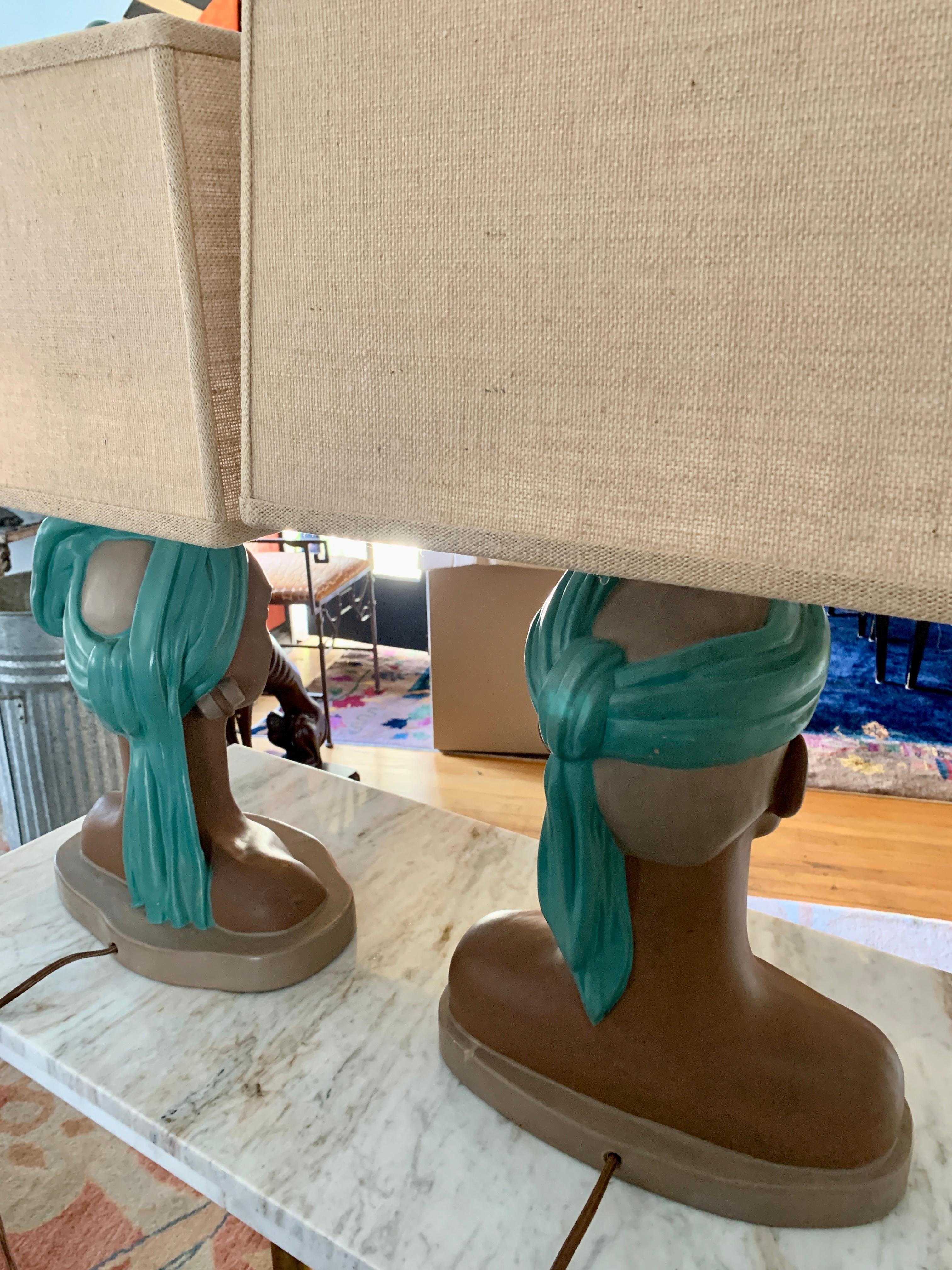 Pair of Male and Female Bust Lamps with Custom Shades In Good Condition For Sale In Los Angeles, CA