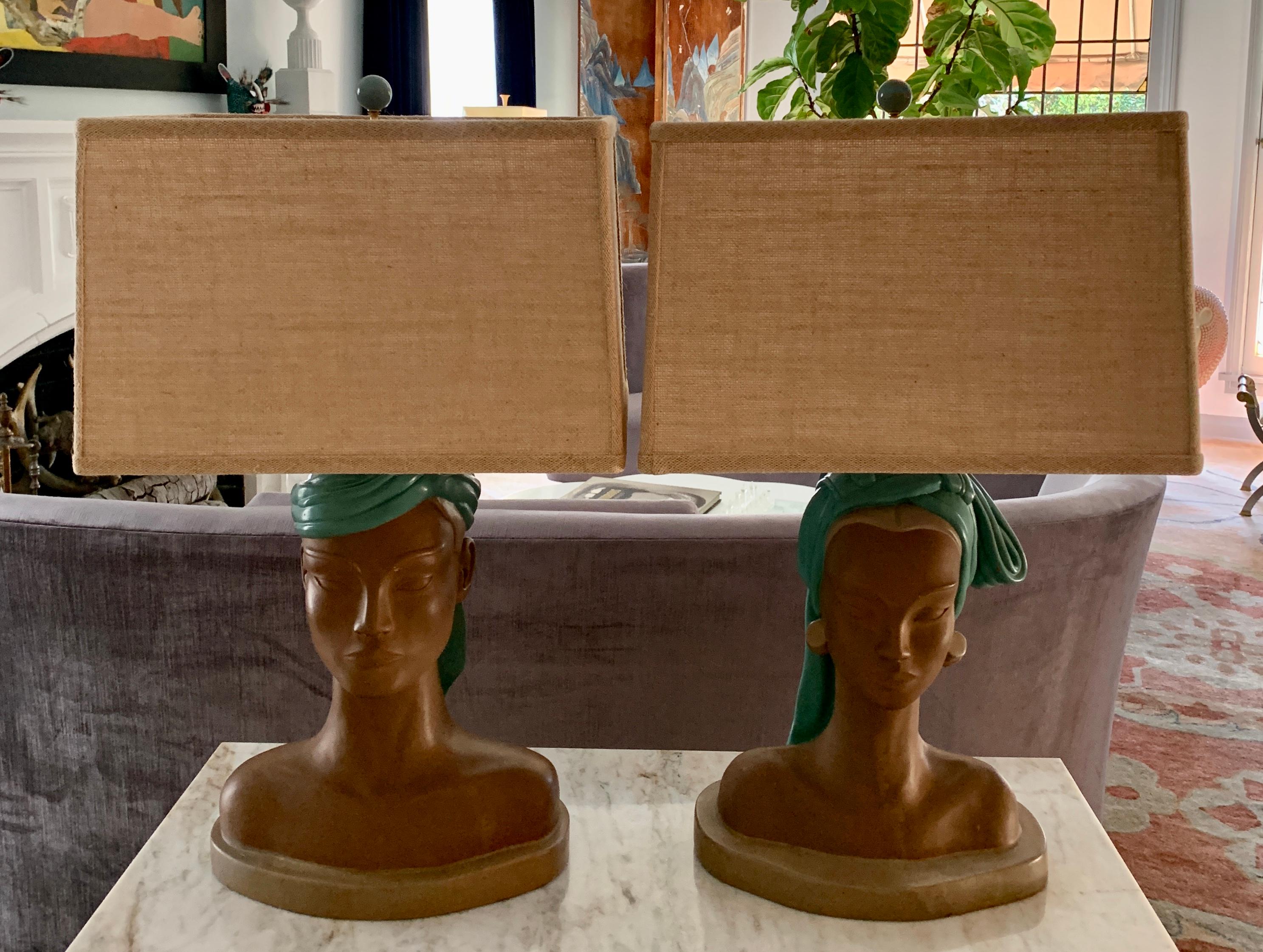 20th Century Pair of Male and Female Bust Lamps with Custom Shades For Sale