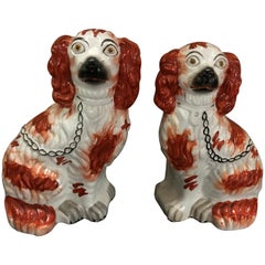 Antique Pair of Male and Female Staffordshire England Red Seated Spaniel Dogs