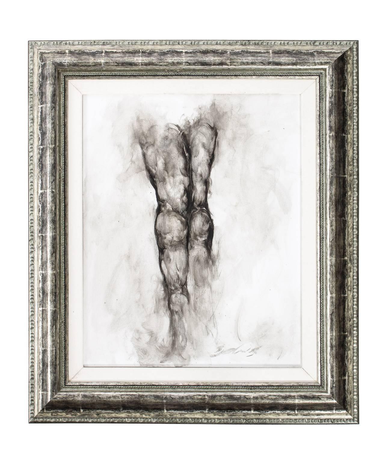 Pair of male nude drawings by Ed Eller, charcoal on canvas. Framed and matted in silvered wood frames. Signed Ed Eller.