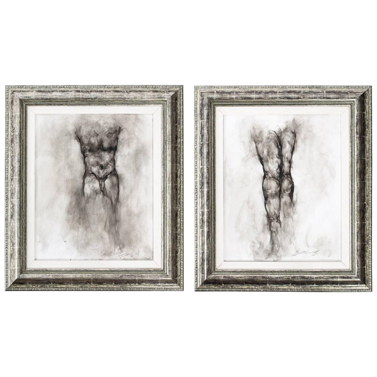 Pair of Male Nude Drawings by Ed Eller For Sale