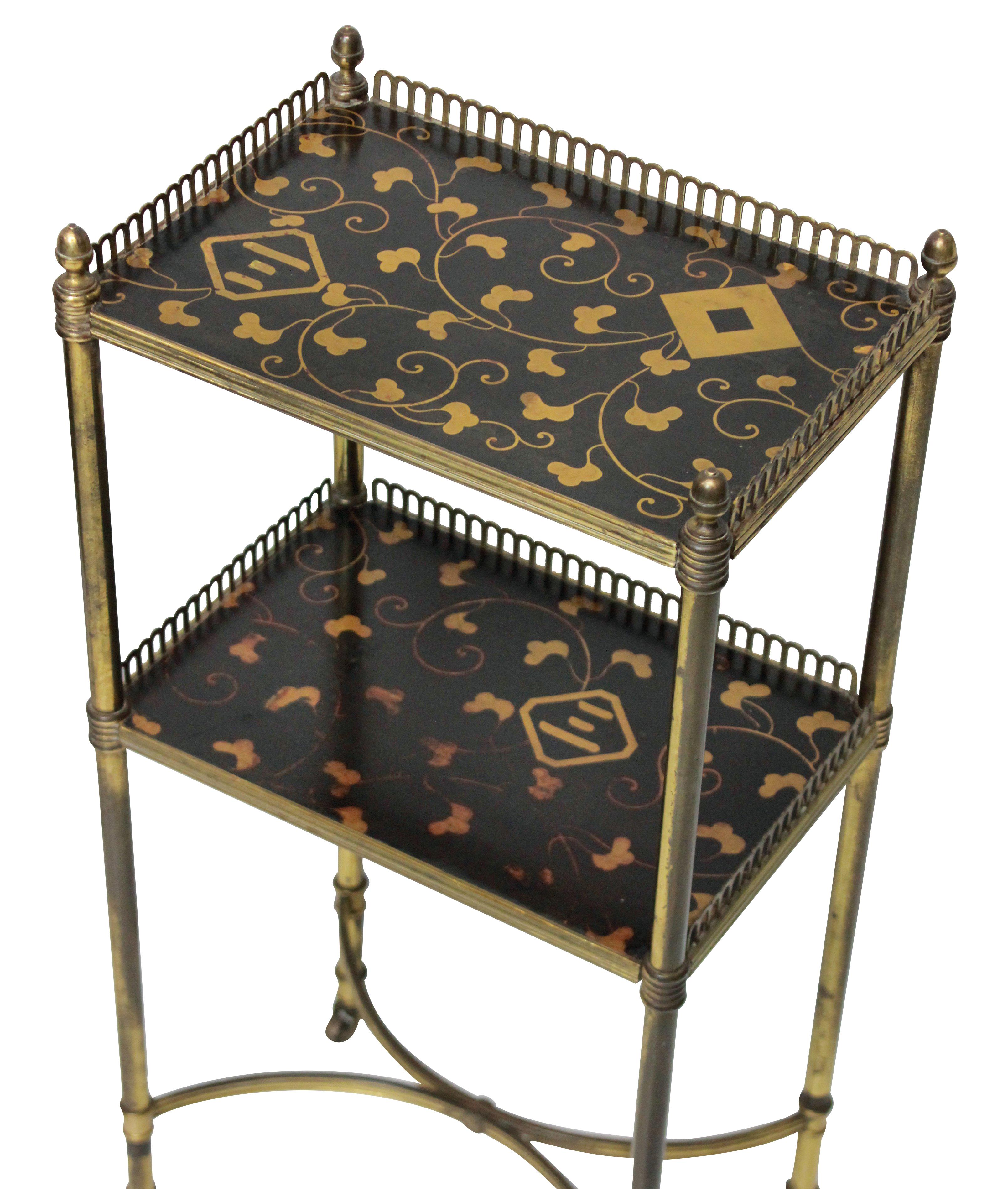 A pair of Mallett's of bond street étagère wine tables, with lacquered oriental designs with brass galleries and legs.

 