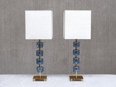 Pair of Malmö Metallvarufabrik Brass and Blue Glass Table Lamps, Sweden, 1950s