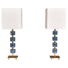 Pair of Malmö Metallvarufabrik Brass and Blue Glass Table Lamps, Sweden, 1950s