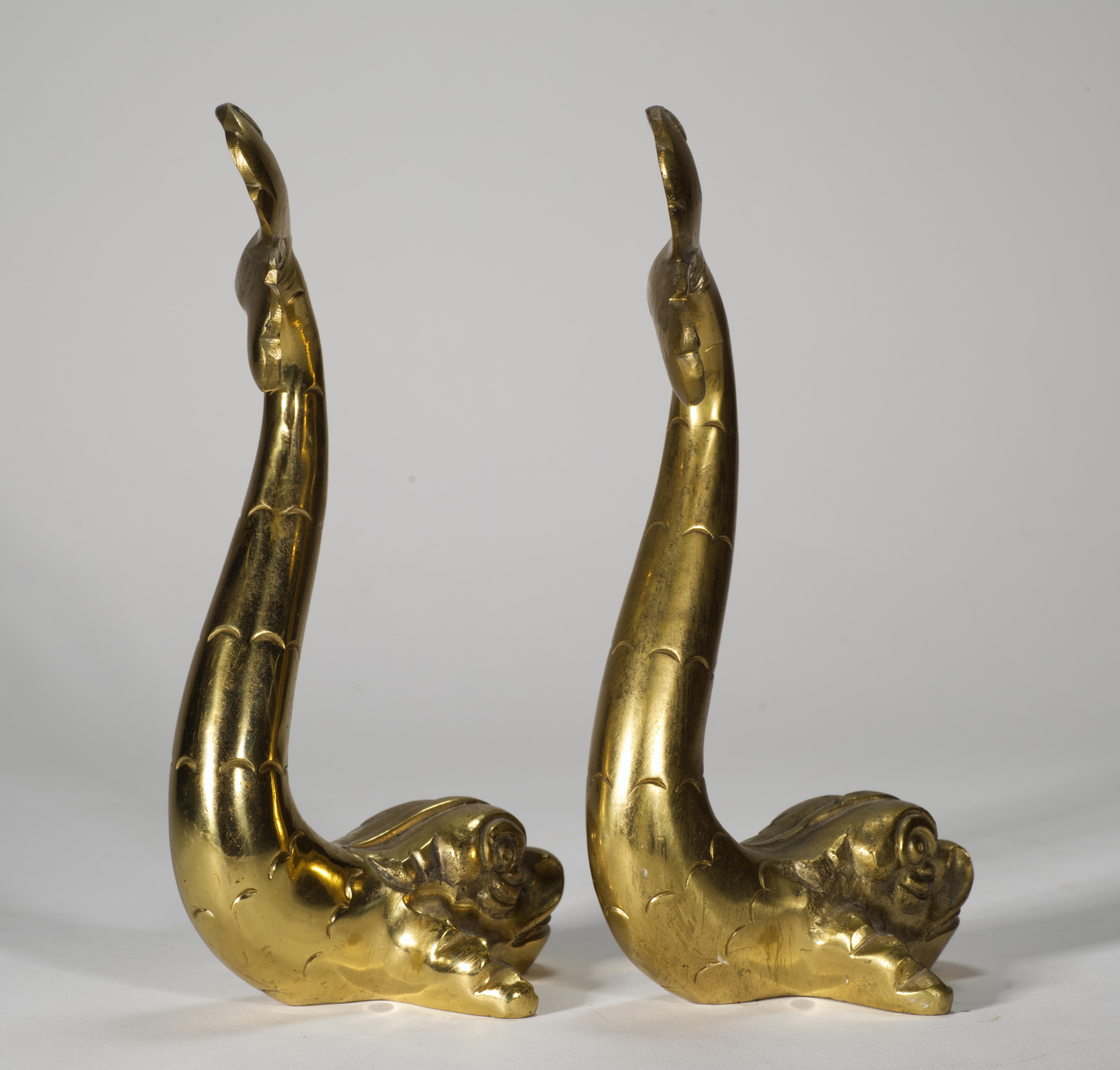 Brass Pair of Maltese Art Deco Bronze Dolphin Bookends or Sculptures For Sale