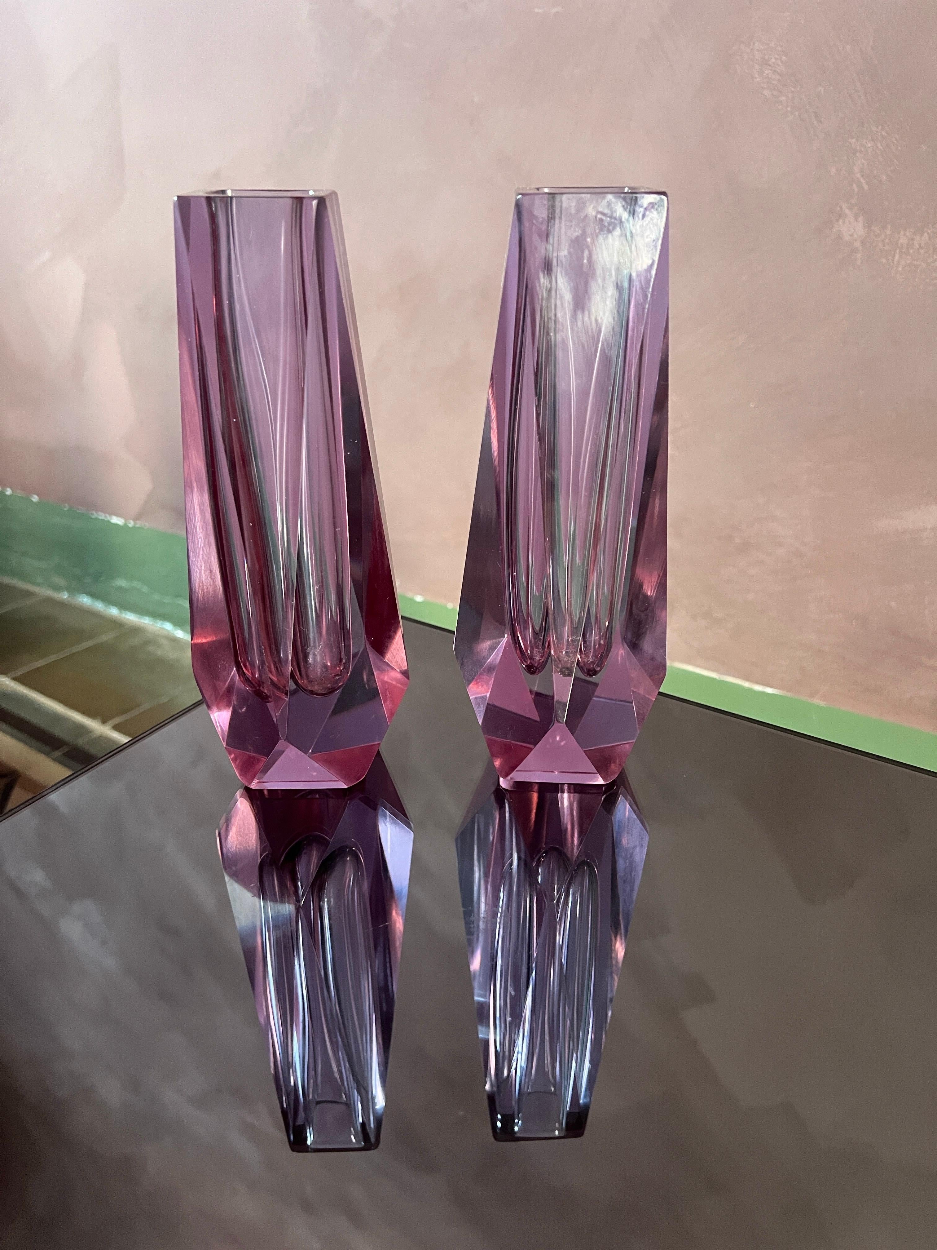 Pair of Violet Sommerso Faceted Art Glass Vases Attributed to Mandruzzato Italy 1960s

Elegant pair of hand-cut Sommerso vases with striking faceted design in rich violet tones

Each vase features deep violet glass cased in clear crystal using the