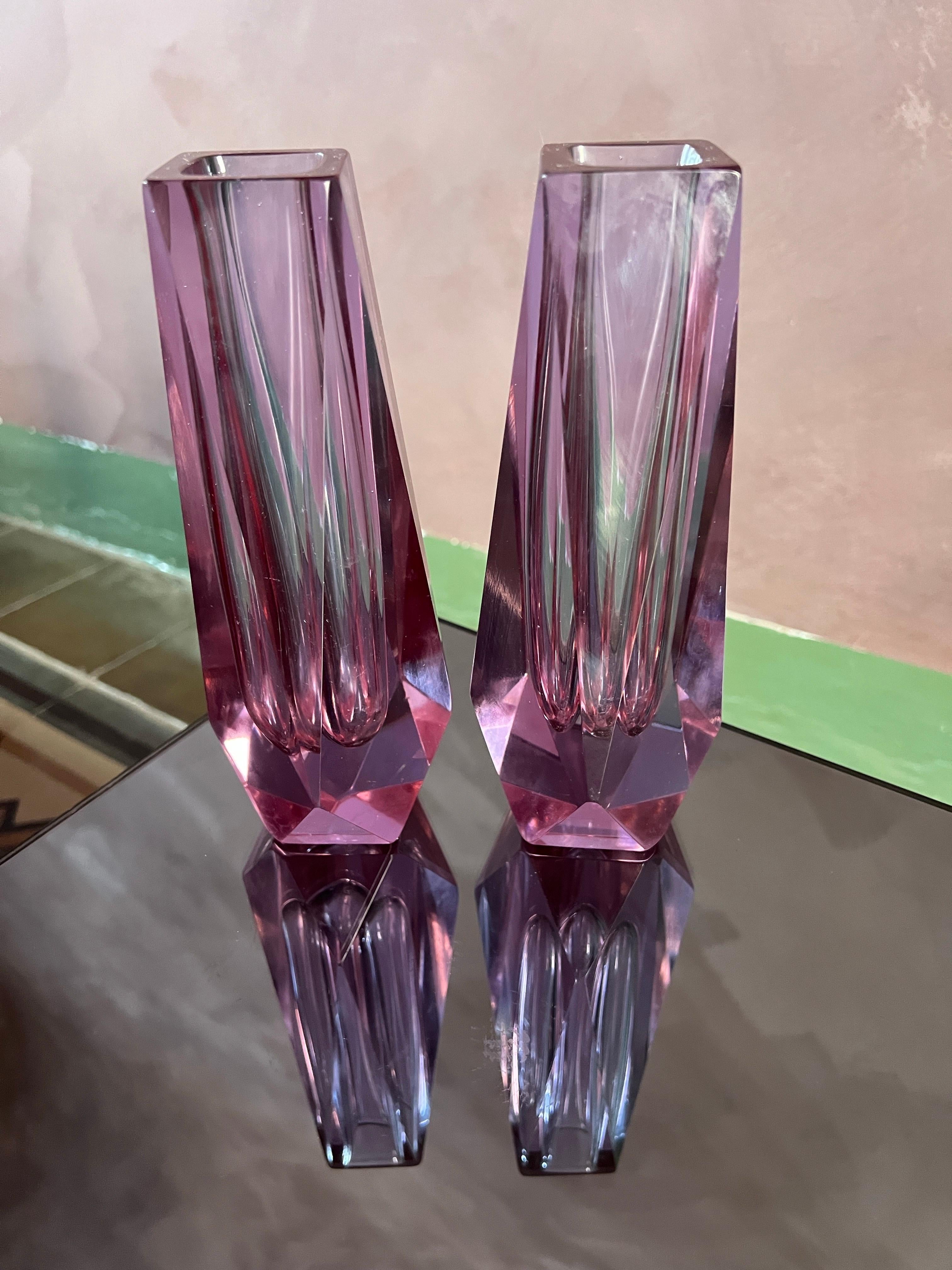 Italian Pair of Mandruzzato Murano Sommerso violet Faceted Art Glass Vases, Italy 60s For Sale