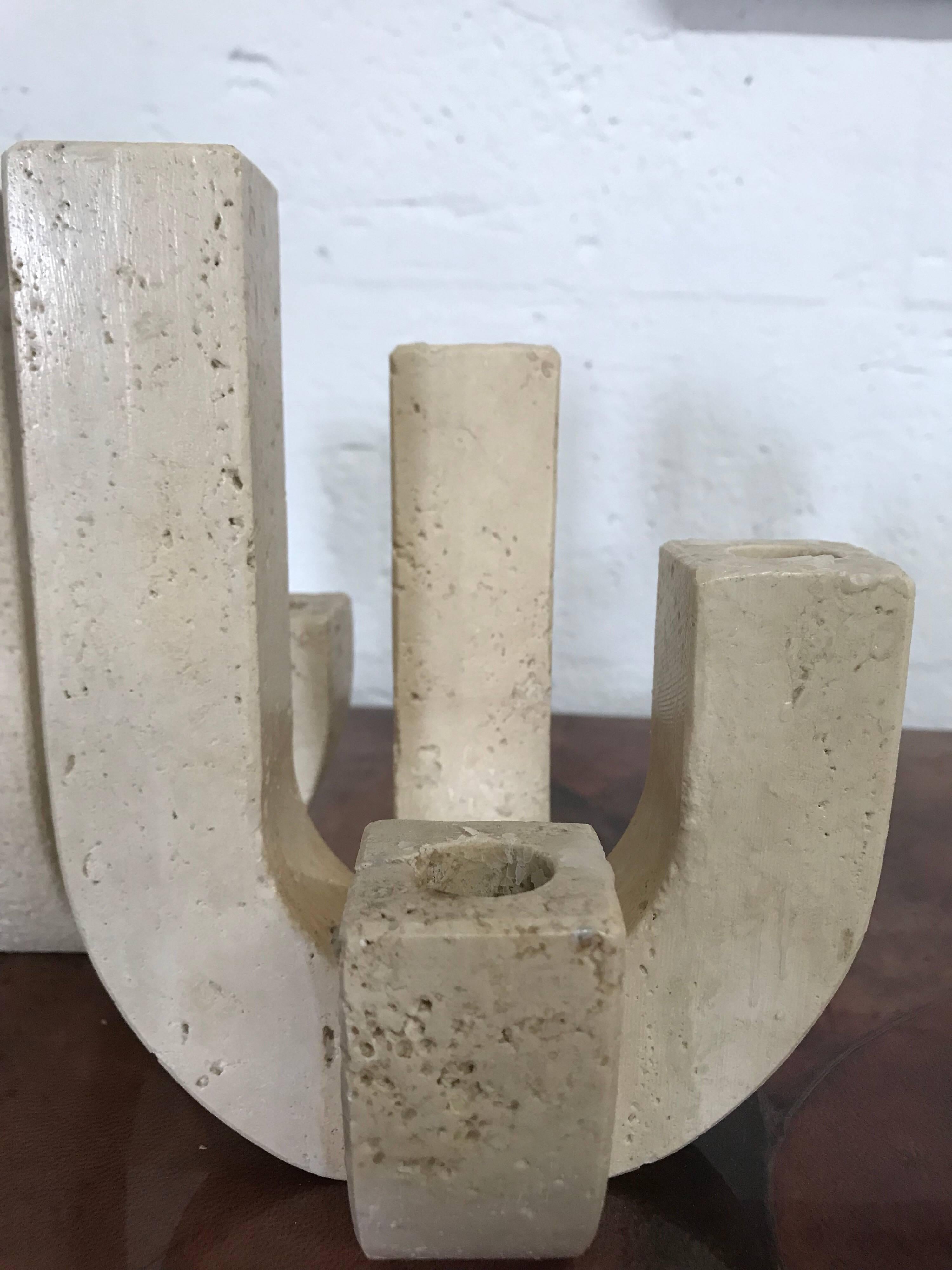 Pair of Mangiarotti Style Travertine Candelabras by Raymor 4