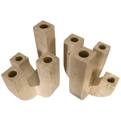 Pair of Mangiarotti Style Travertine Candelabras by Raymor