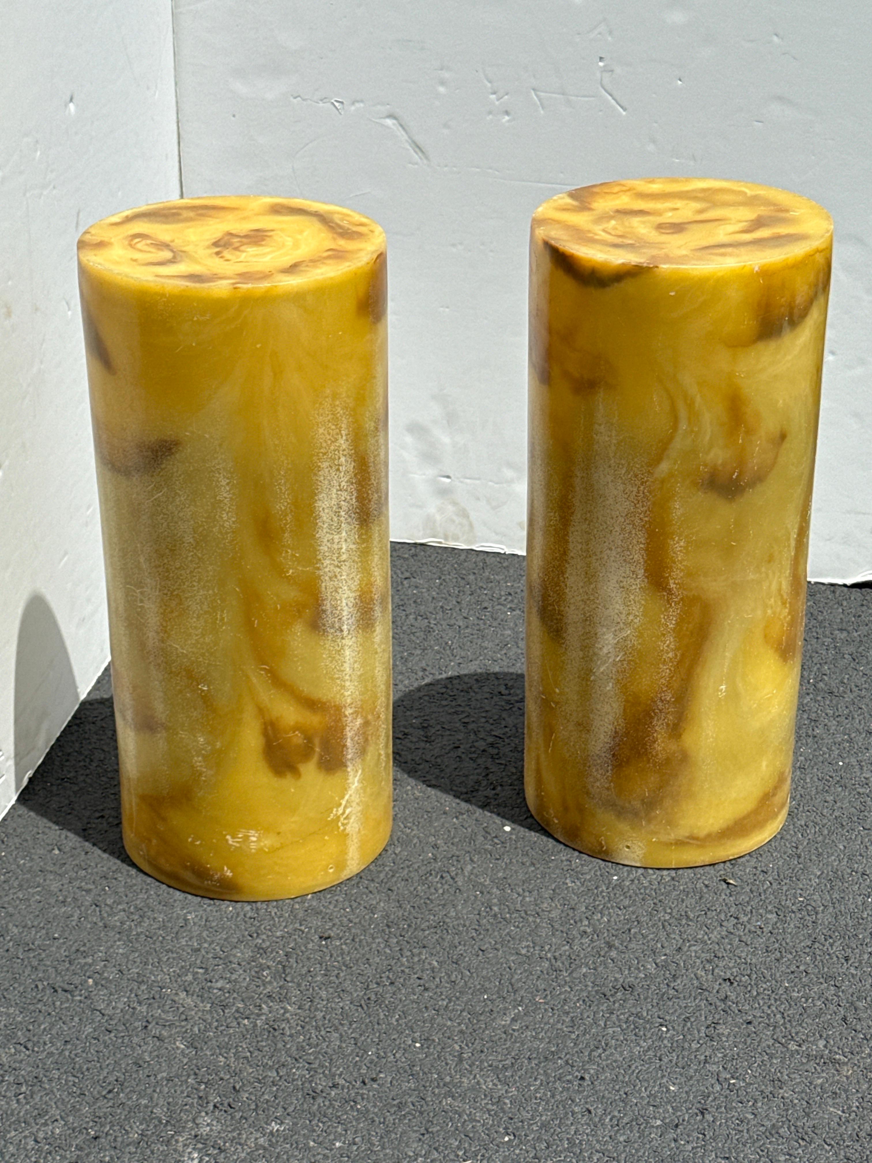 Pair of Mango Colored Trick Acrylic Pedestal Plant Cylindrical Stands For Sale 3