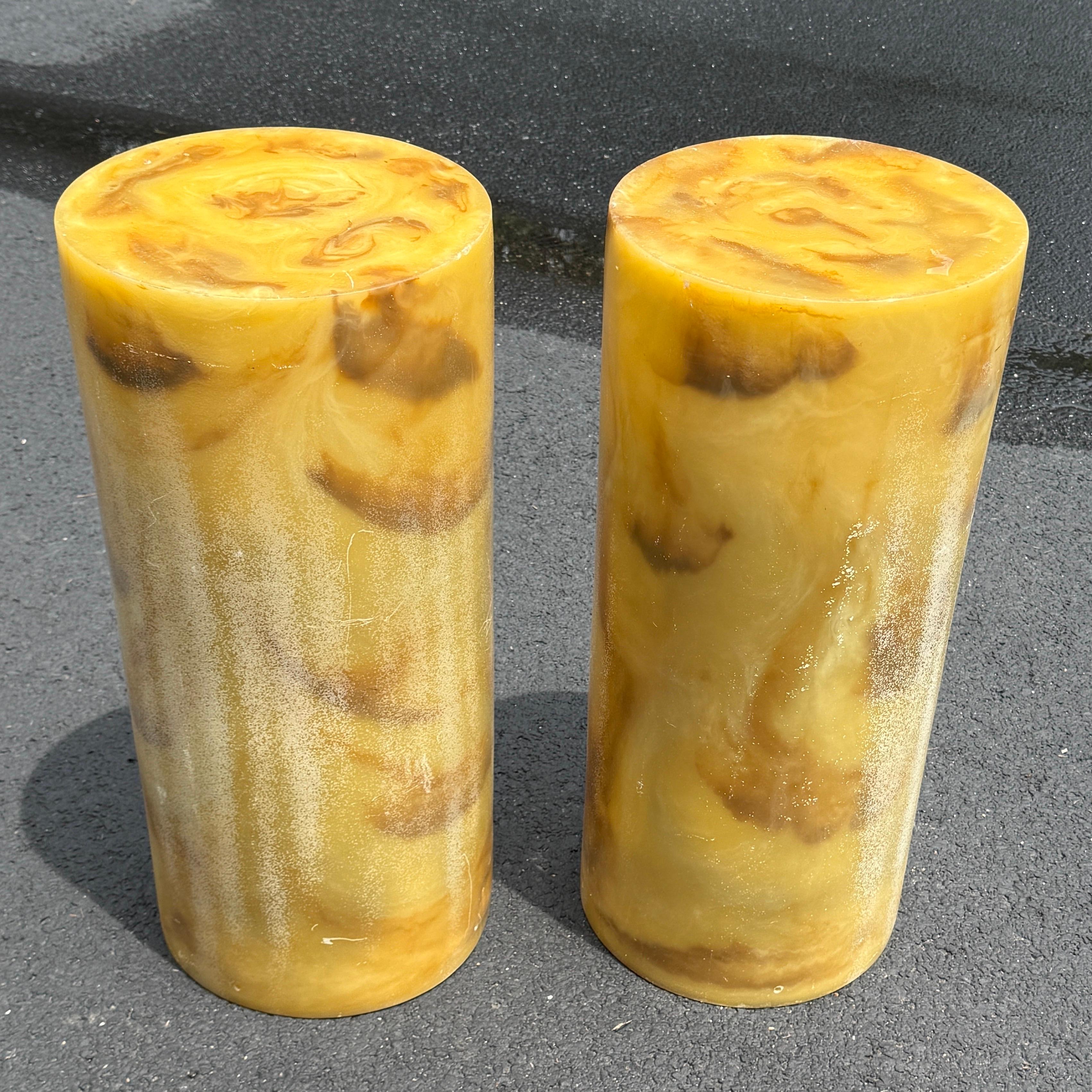 Pair of Mango Colored Trick Acrylic Pedestal Plant Cylindrical Stands For Sale 5
