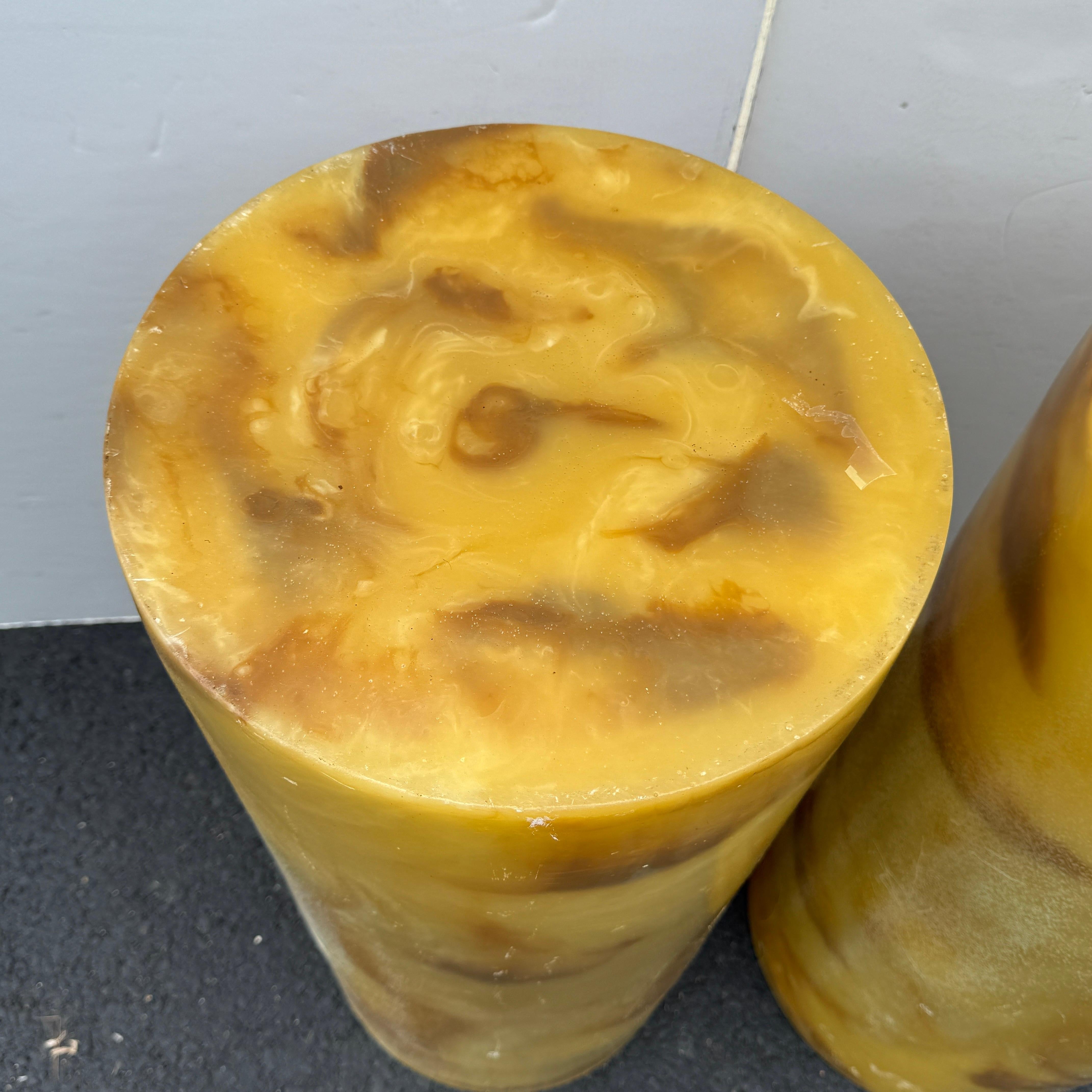 Hand-Crafted Pair of Mango Colored Trick Acrylic Pedestal Plant Cylindrical Stands For Sale