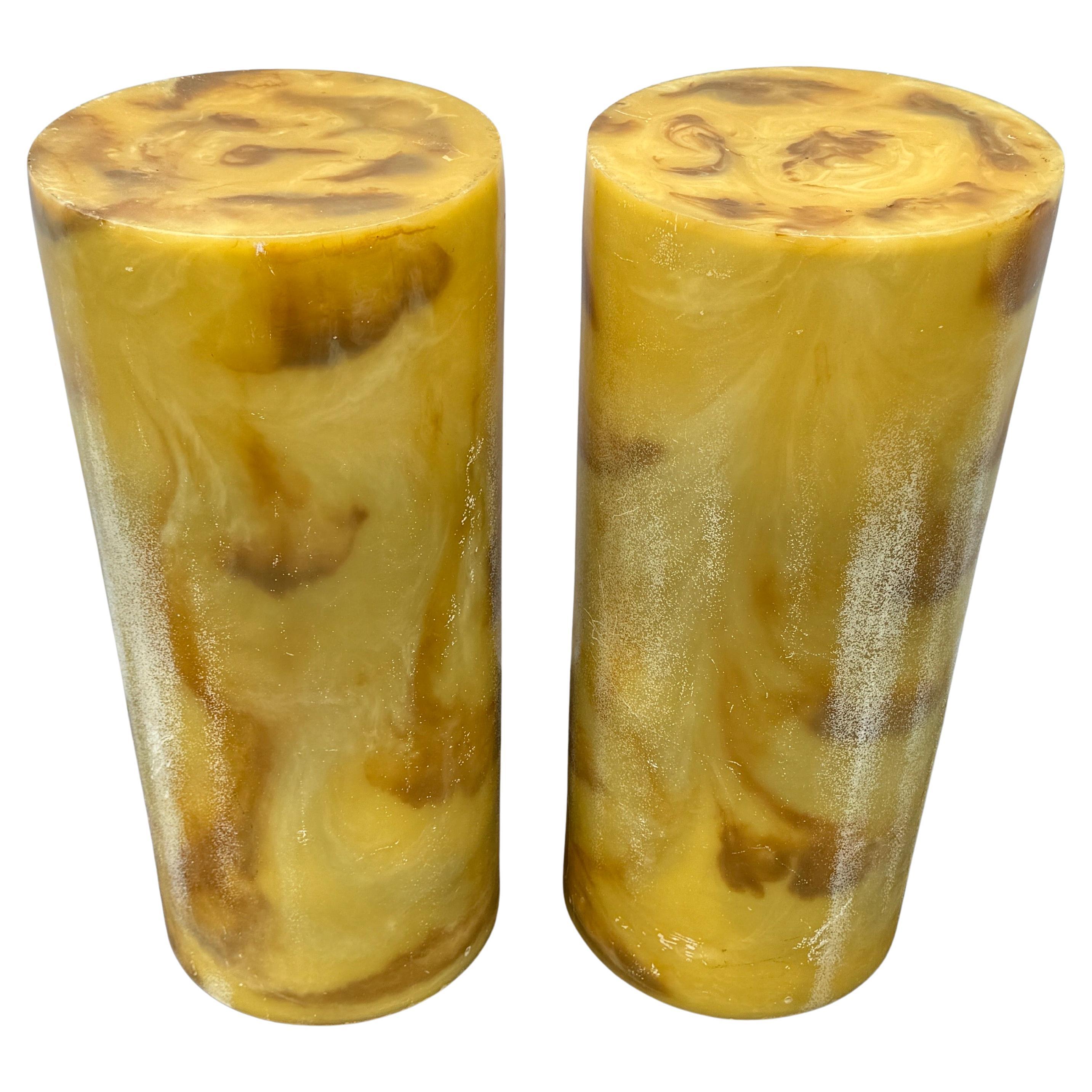 Pair of Mango Colored Trick Acrylic Pedestal Plant Cylindrical Stands