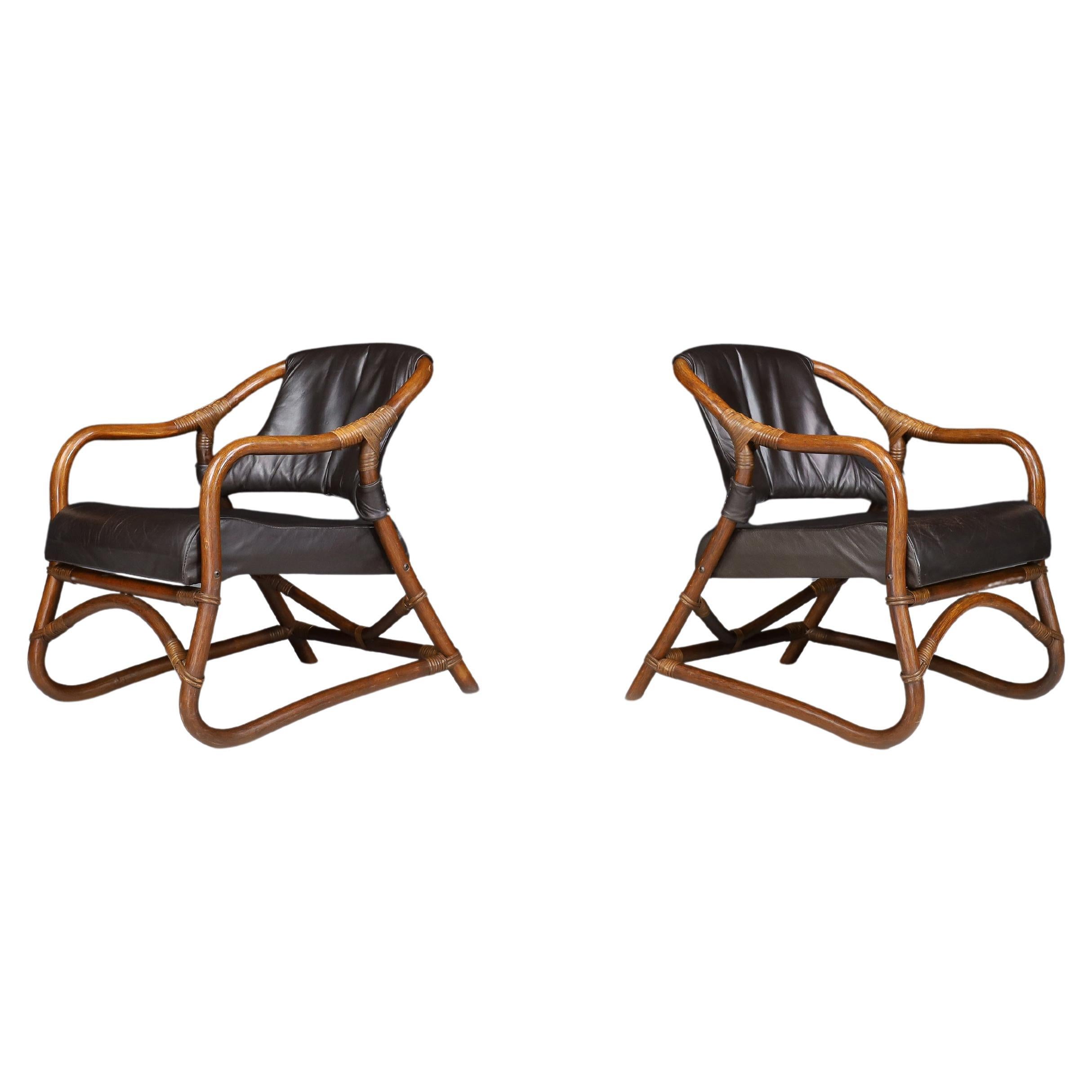 Pair of "Manilla" Lounge Chairs in Bamboo and Leather by Horsnæs, 1960s Denmark