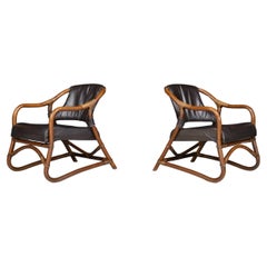 Pair of "Manilla" Lounge Chairs in Bamboo and Leather by Horsnæs, 1960s Denmark