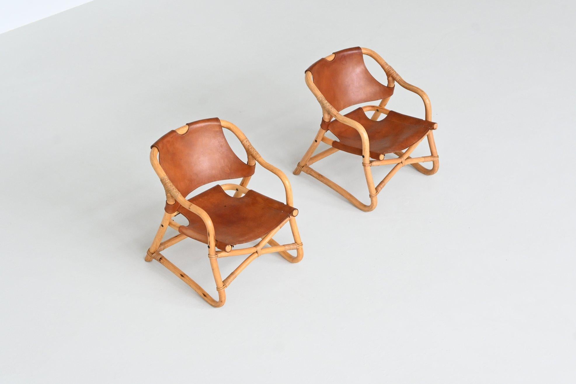 Paar Manilla-Loungesessel aus cognacfarbenem Leder, Dänemark 1960 (Mitte des 20. Jahrhunderts) im Angebot