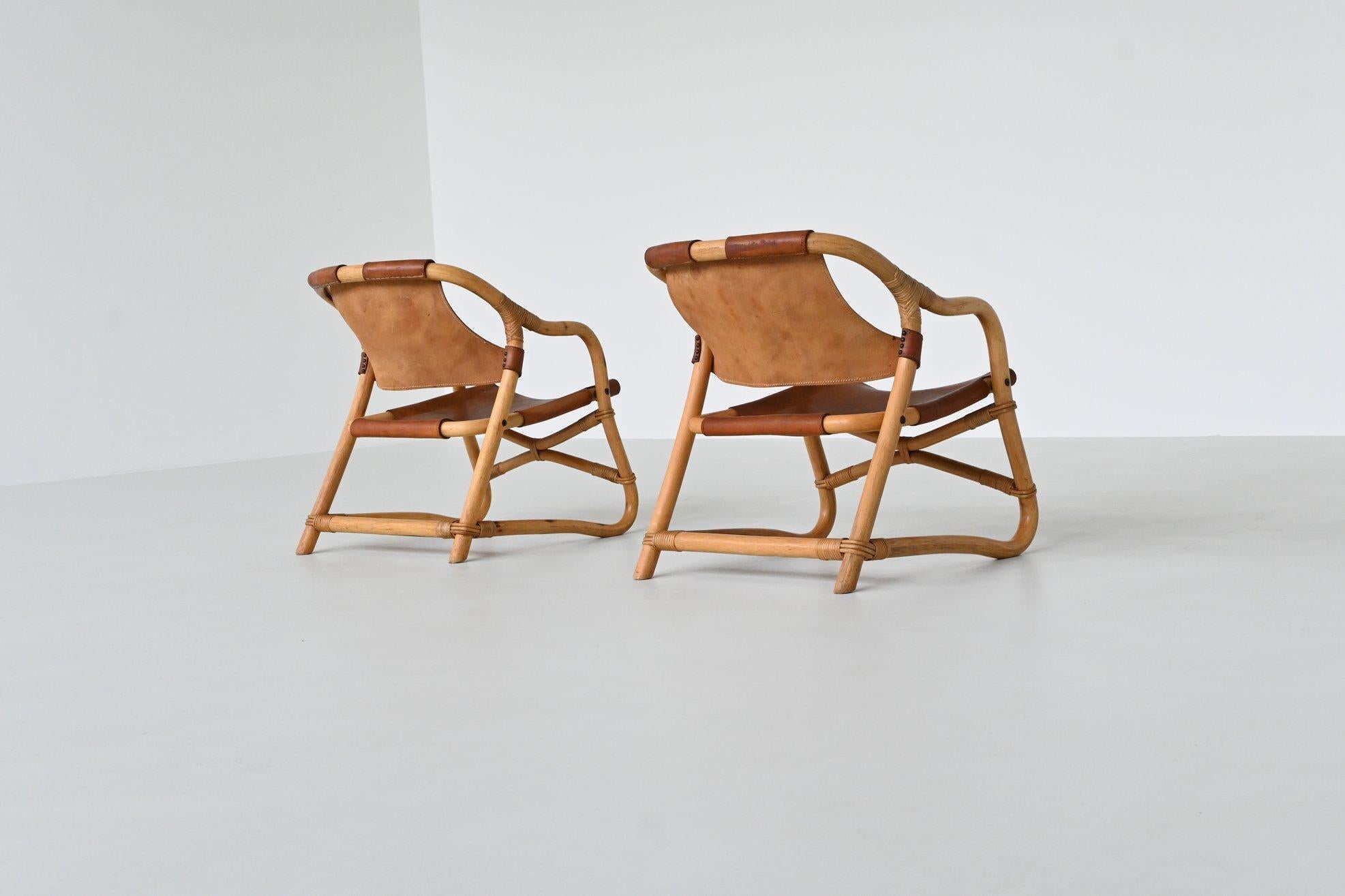 Paar Manilla-Loungesessel aus cognacfarbenem Leder, Dänemark 1960 im Angebot 2