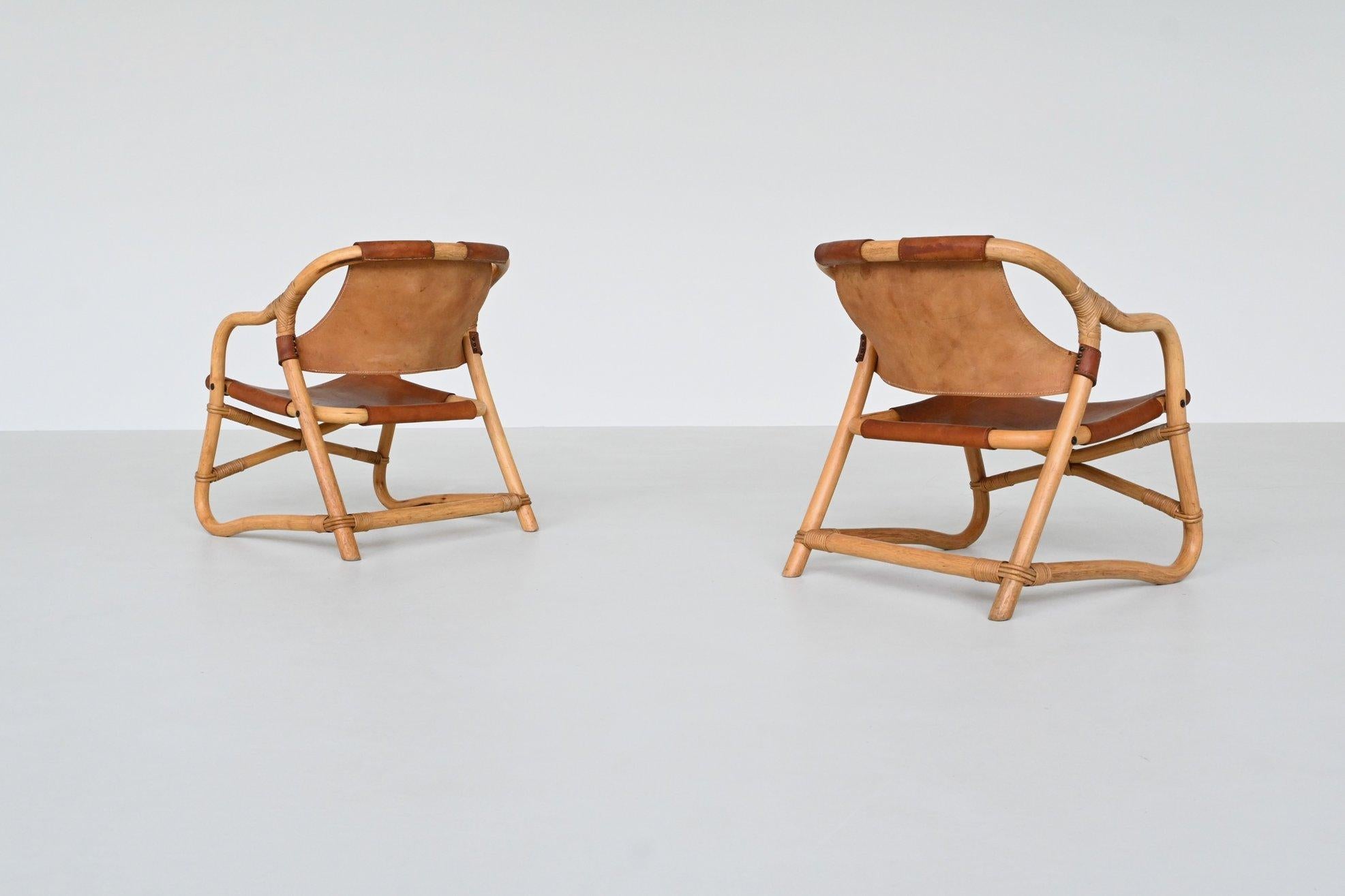 Paar Manilla-Loungesessel aus cognacfarbenem Leder, Dänemark 1960 im Angebot 3