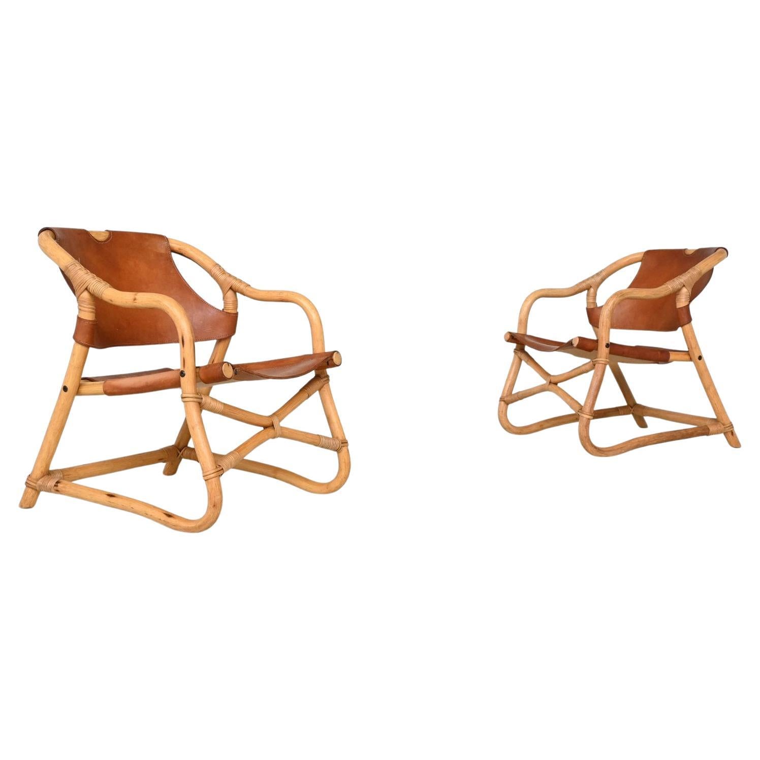 Pair of “Manilla” lounge chairs in cognac leather Denmark 1960