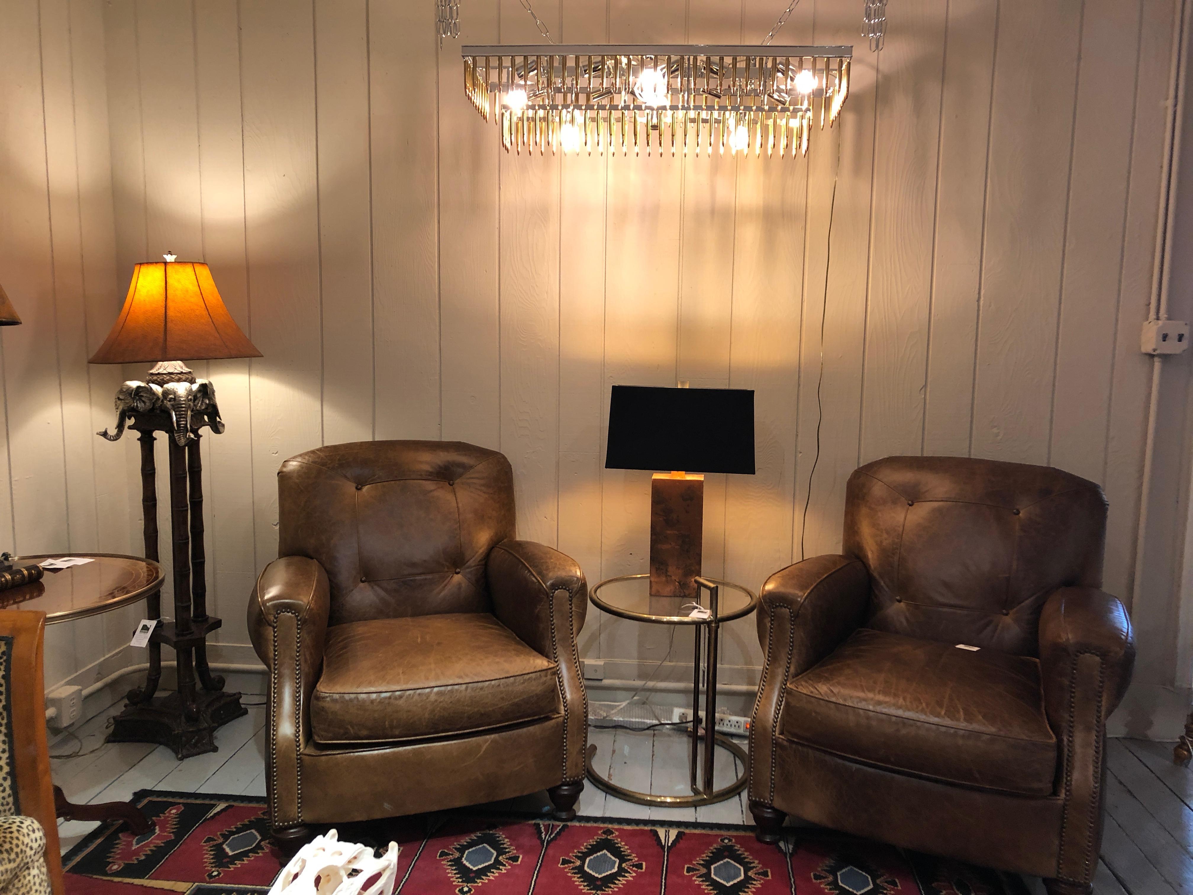 Pair of Manly Distressed Leather Club Chairs by Century 3