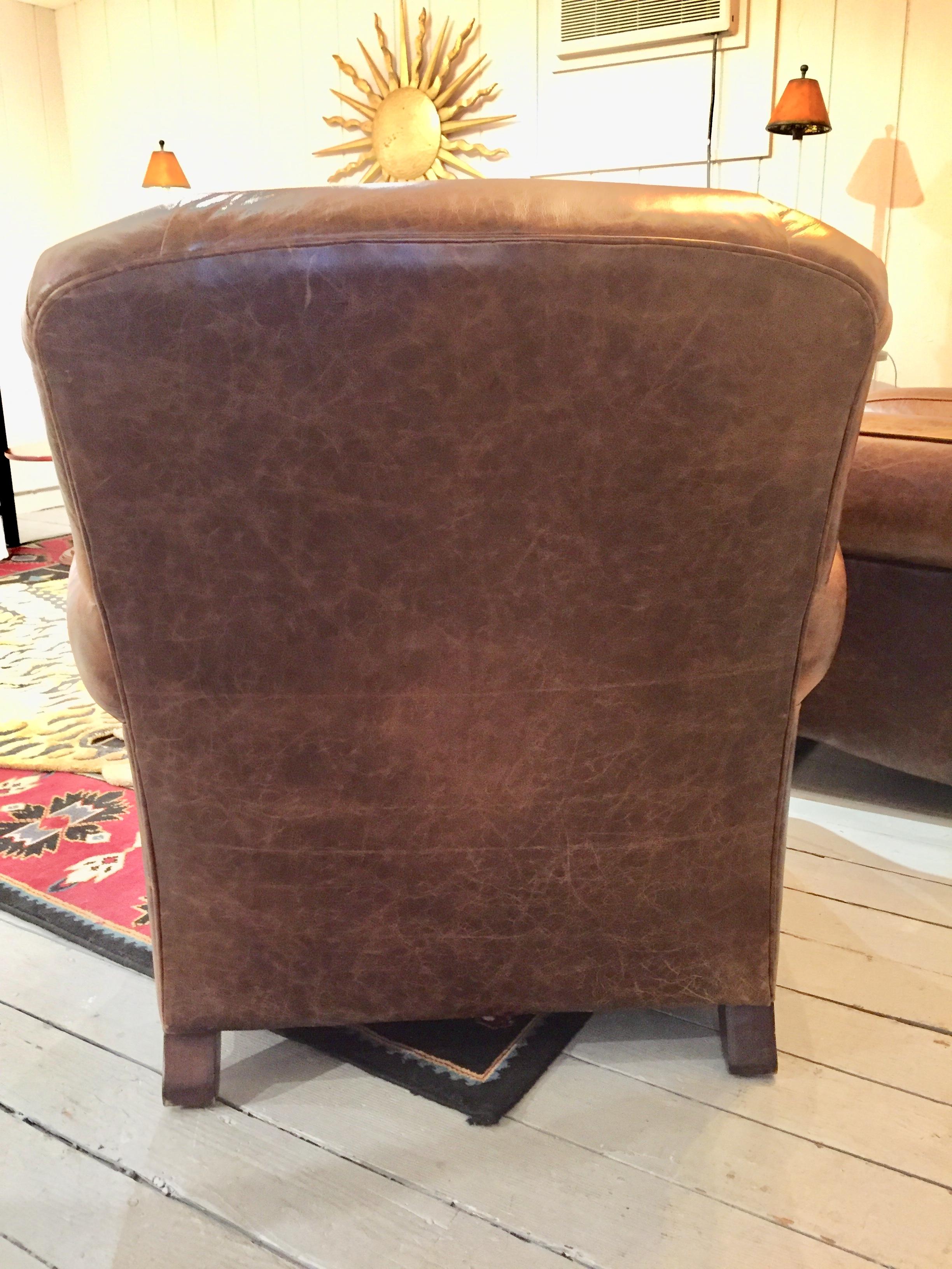 American Pair of Manly Distressed Leather Club Chairs by Century