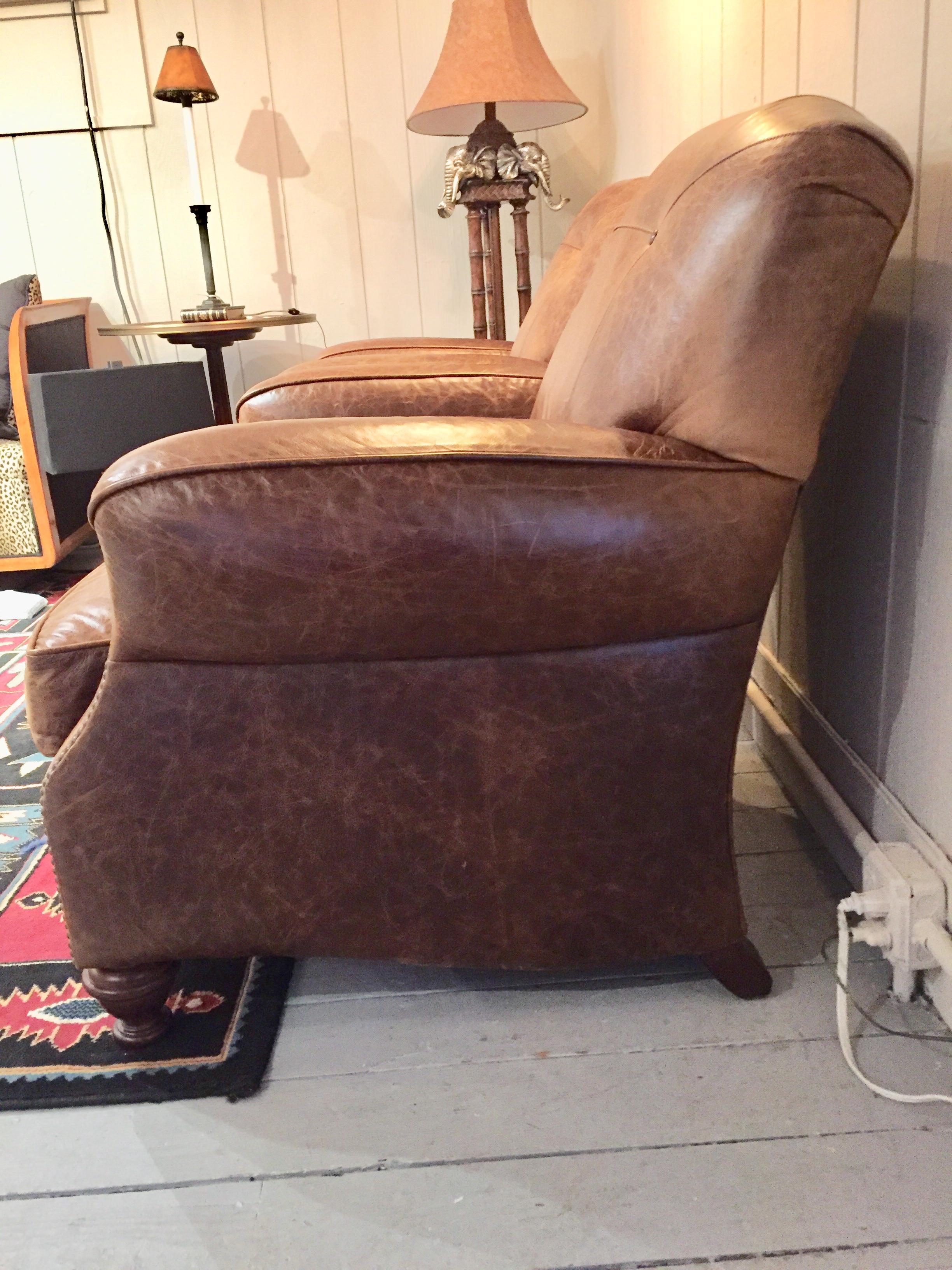 Late 20th Century Pair of Manly Distressed Leather Club Chairs by Century