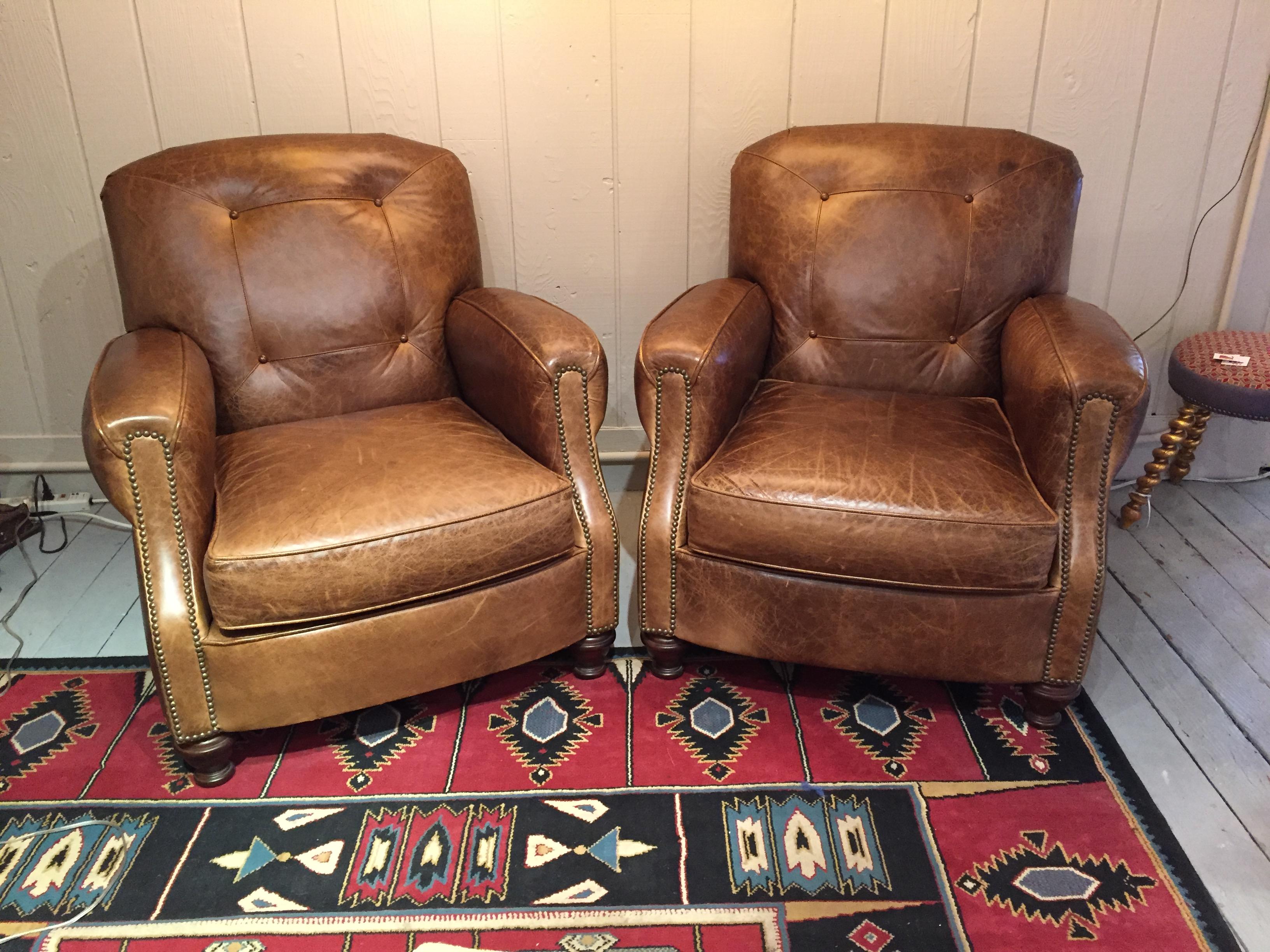 Pair of Manly Distressed Leather Club Chairs by Century 1