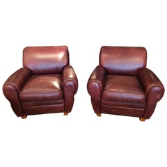 Pair of Manly Rich Leather Classic Club Chairs