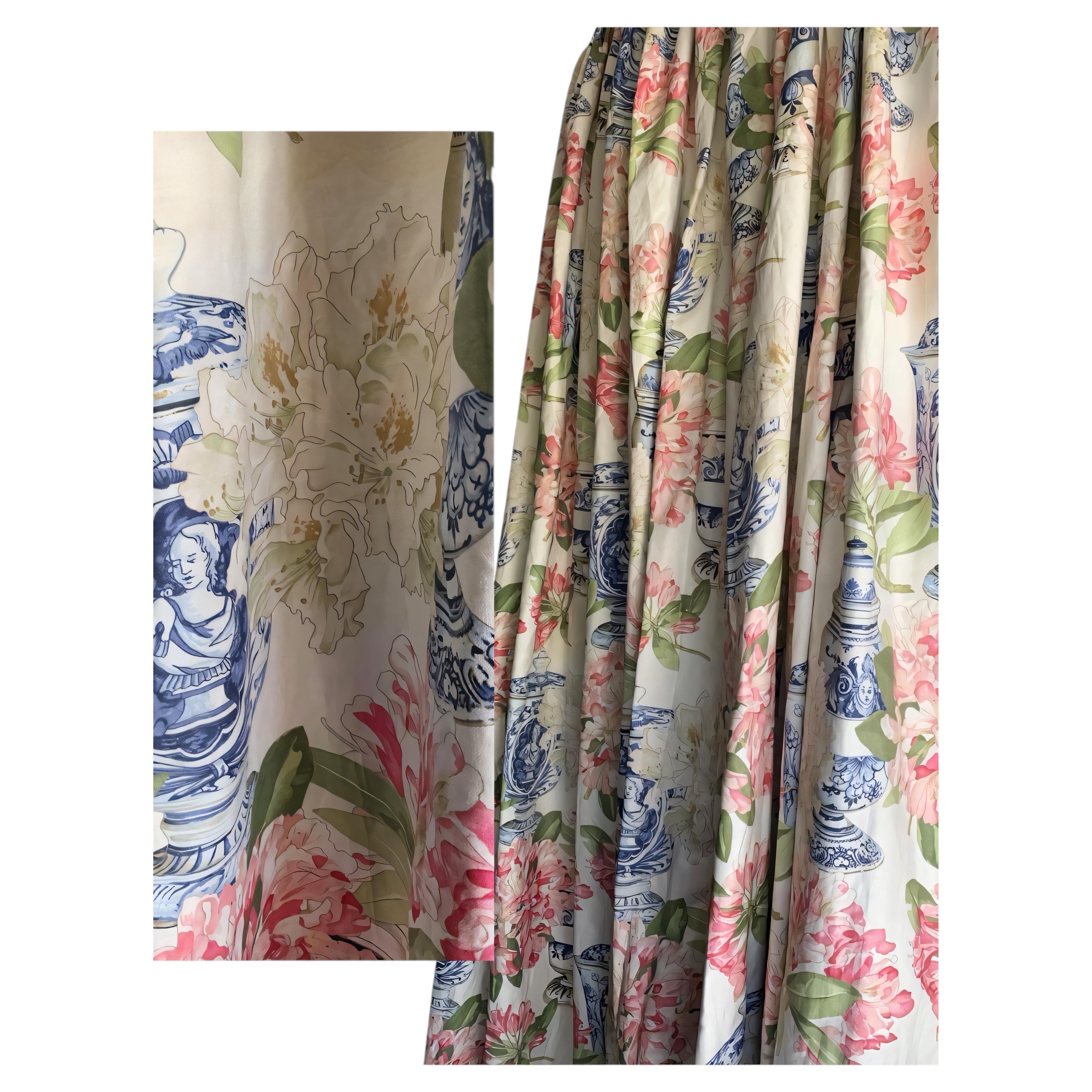 Pair of Manuel Canovas Retired "Bienaimee" White, Pink, Blue CHIC! Linen Drapes