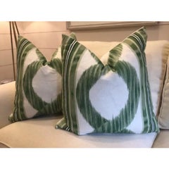 Pair of Manuel Canovas Zarina Emerald Green & White Linen Pillows