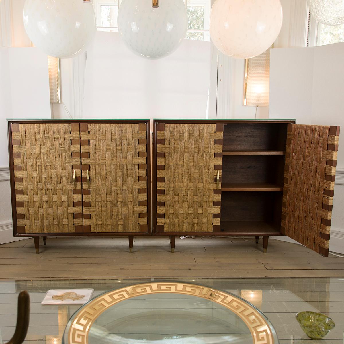 American Pair of Maple and Woven Cane Cabinets with Interior Shelves, by Edmund Spence