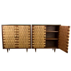 Used Pair of Maple and Woven Cane Cabinets with Interior Shelves, by Edmund Spence