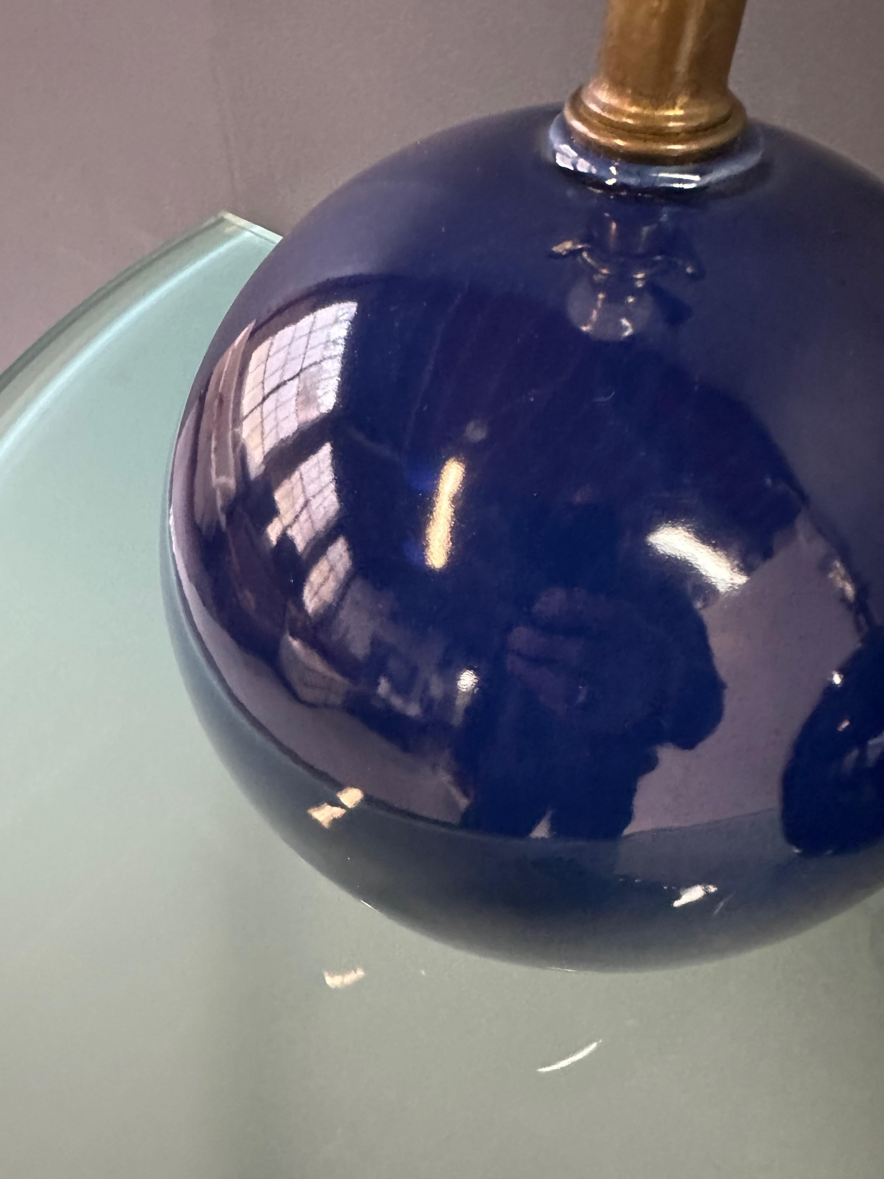 North American Pair of Mar-Kel Lighting Spherical Blue Glazed Ceramic Lamps Mid Century