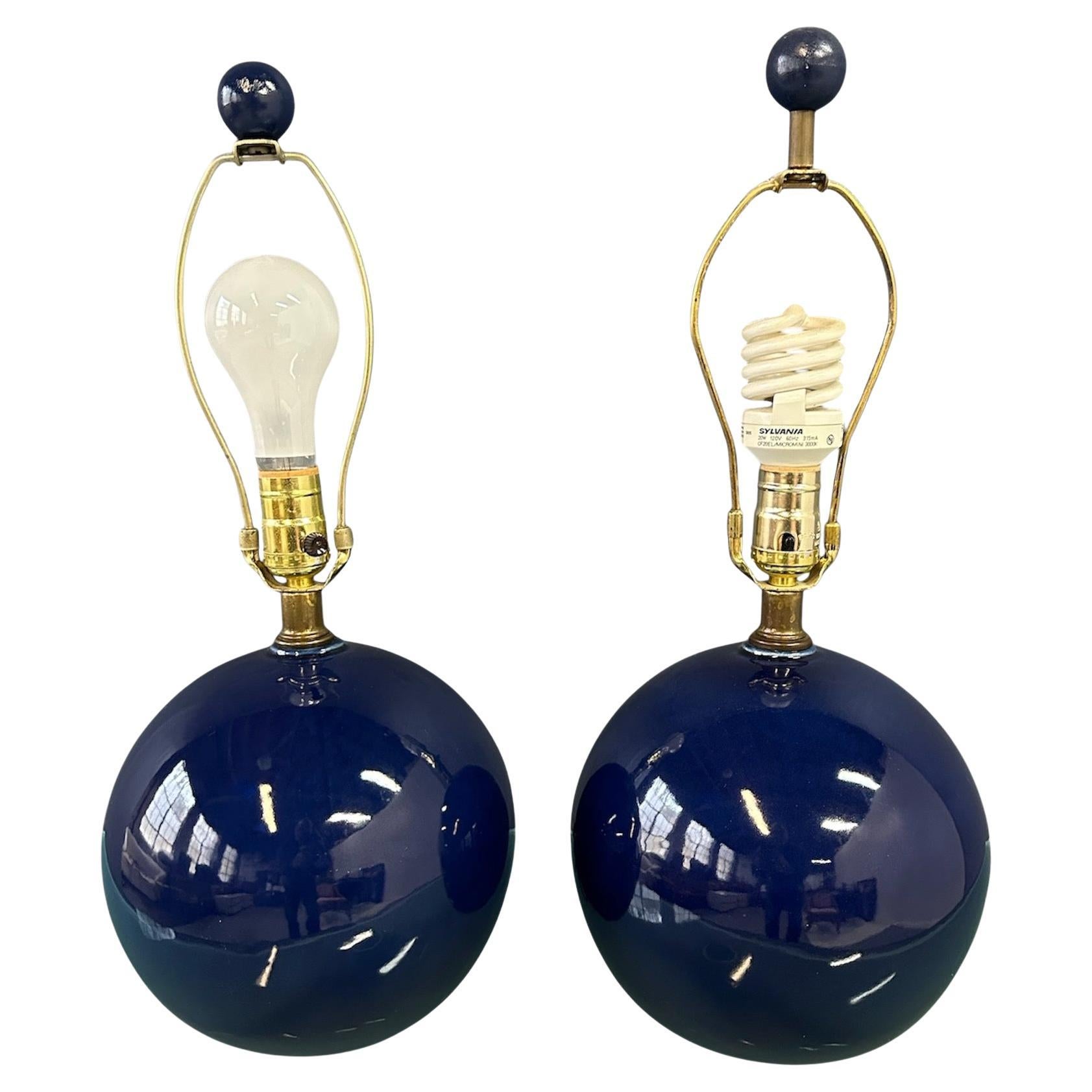 Pair of Mar-Kel Lighting Spherical Blue Glazed Ceramic Lamps Mid Century