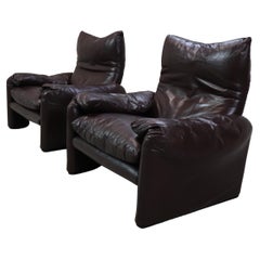 Pair of Maralunga leather armchairs by Vico Magistretti for Cassina, 1974.