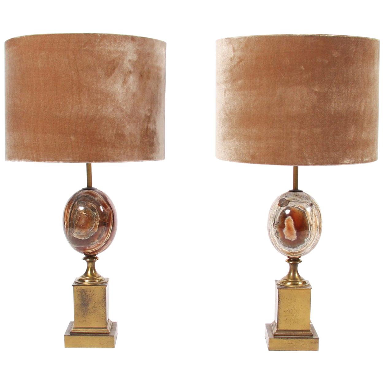 Pair of Marble and Brass Maison Charles Table Lamps, Paris, 1960s For Sale