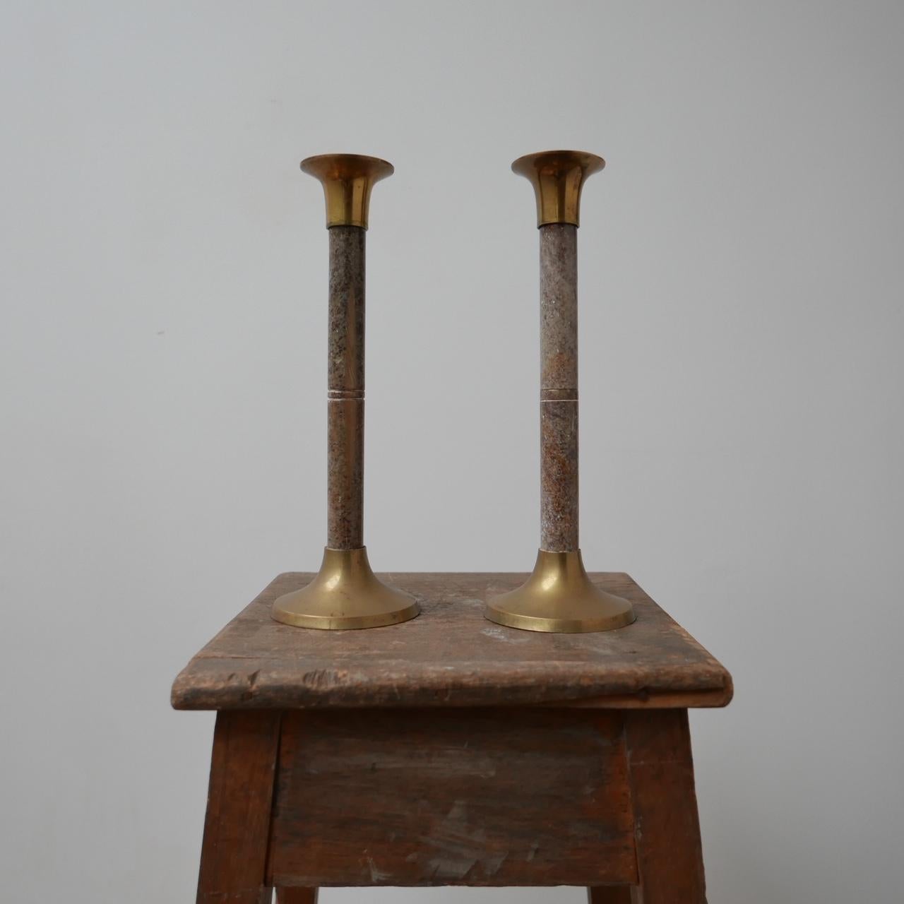 20th Century Pair of Marble and Brass Midcentury Candlesticks
